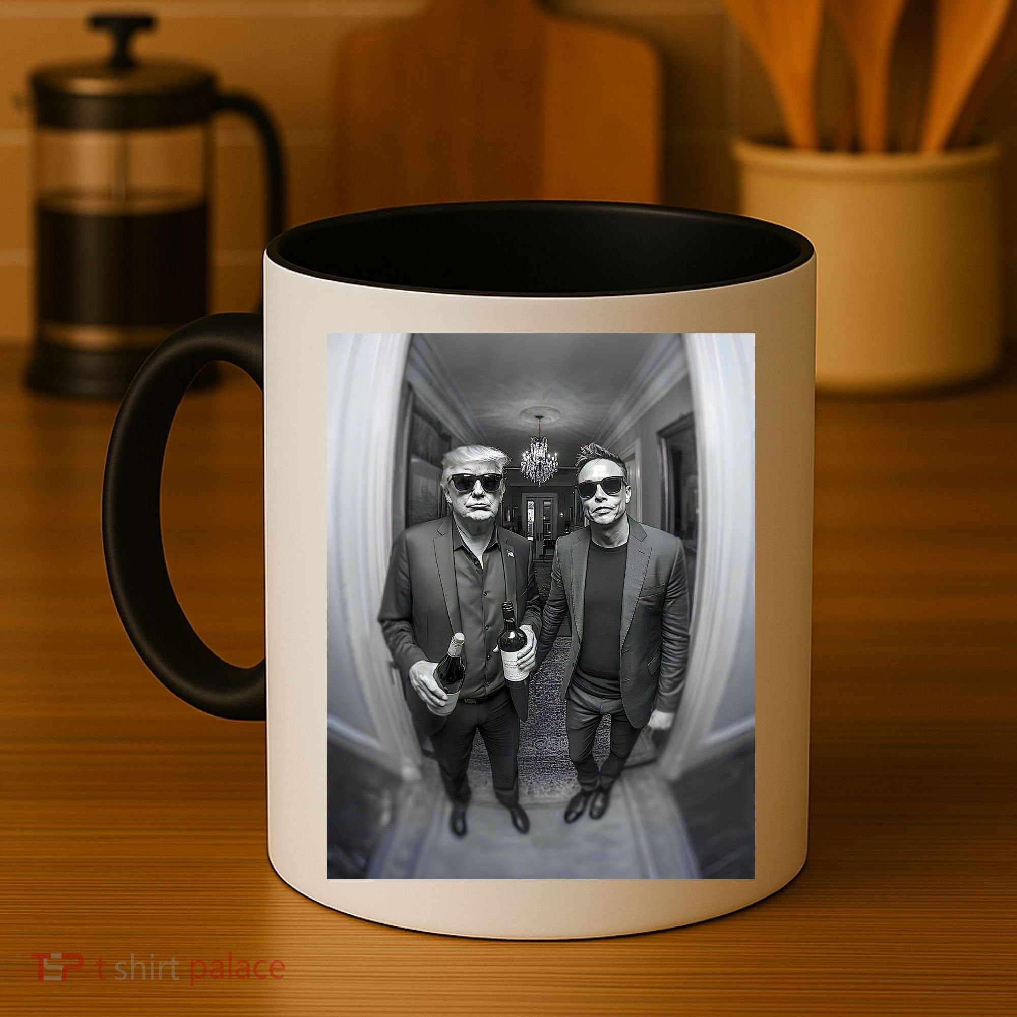 President Trump Elon Musk Funny Meme Knocking On Door Coffee Mug