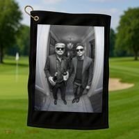 President Trump Elon Musk Funny Meme Knocking On Door Golf Towel thumb 1