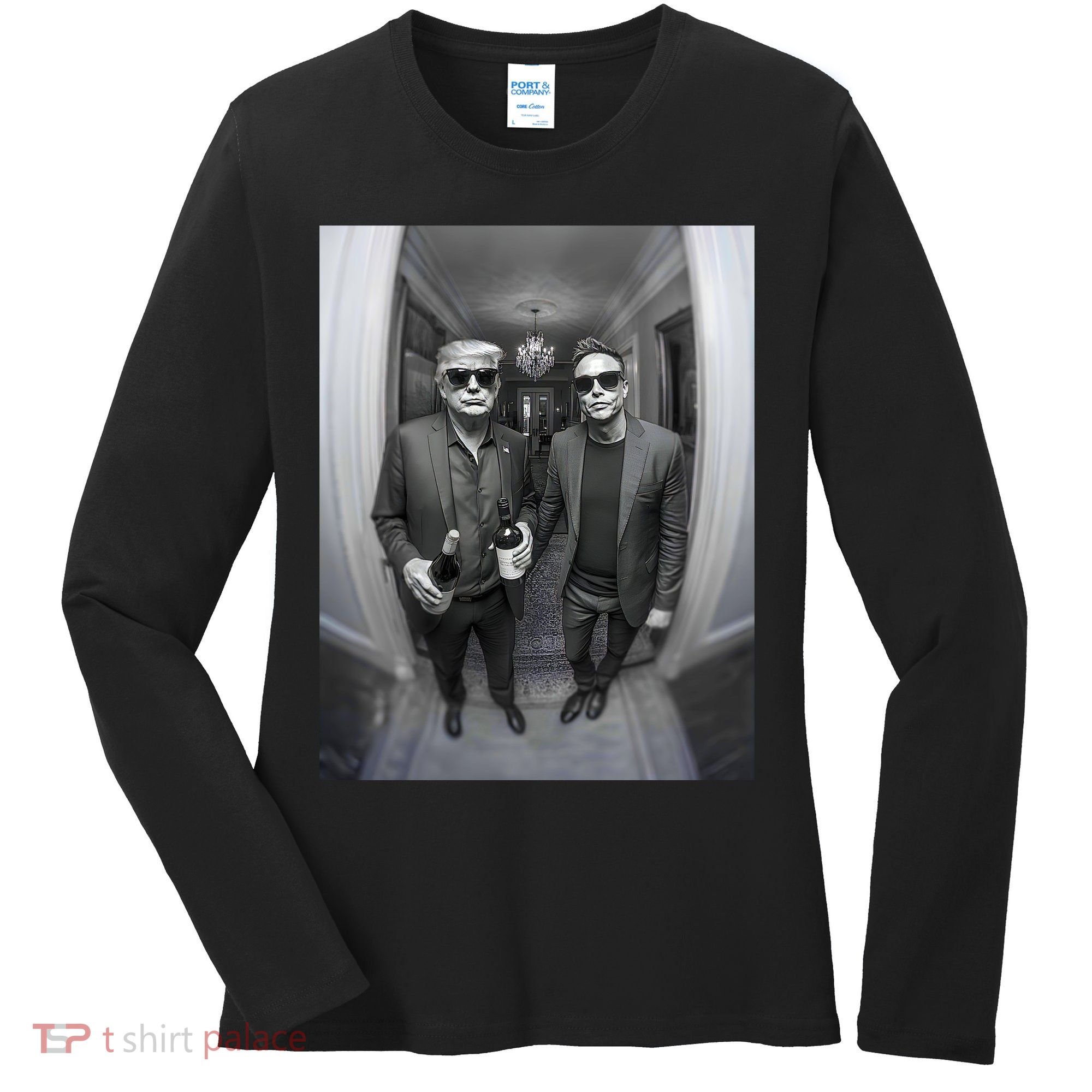President Trump Elon Musk Funny Meme Knocking On Door Women's Long Sleeve Shirt