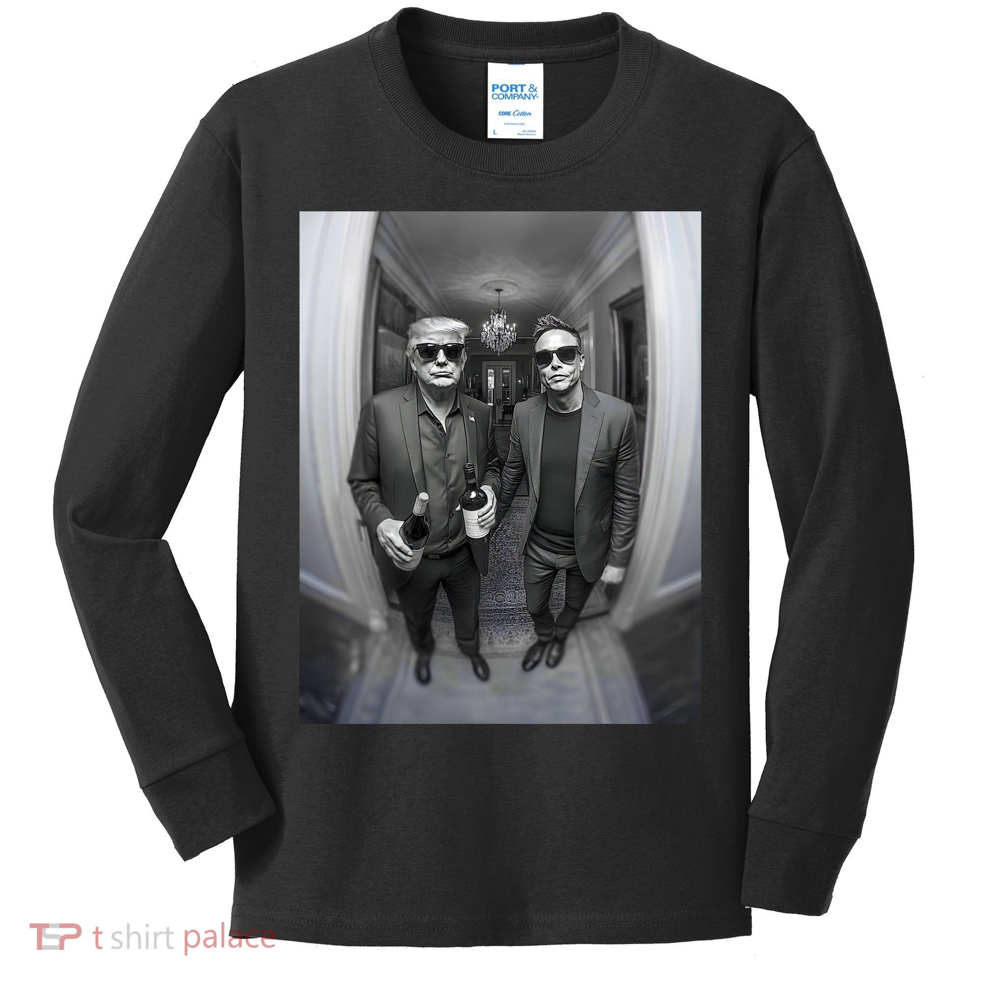 President Trump Elon Musk Funny Meme Knocking On Door Kids Long Sleeve Shirt