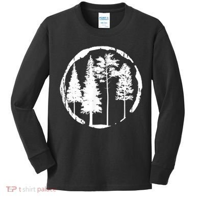 Pine Trees Forest Silhouette Vintage Retro Outdoors Hiking Kids Long Sleeve Shirt