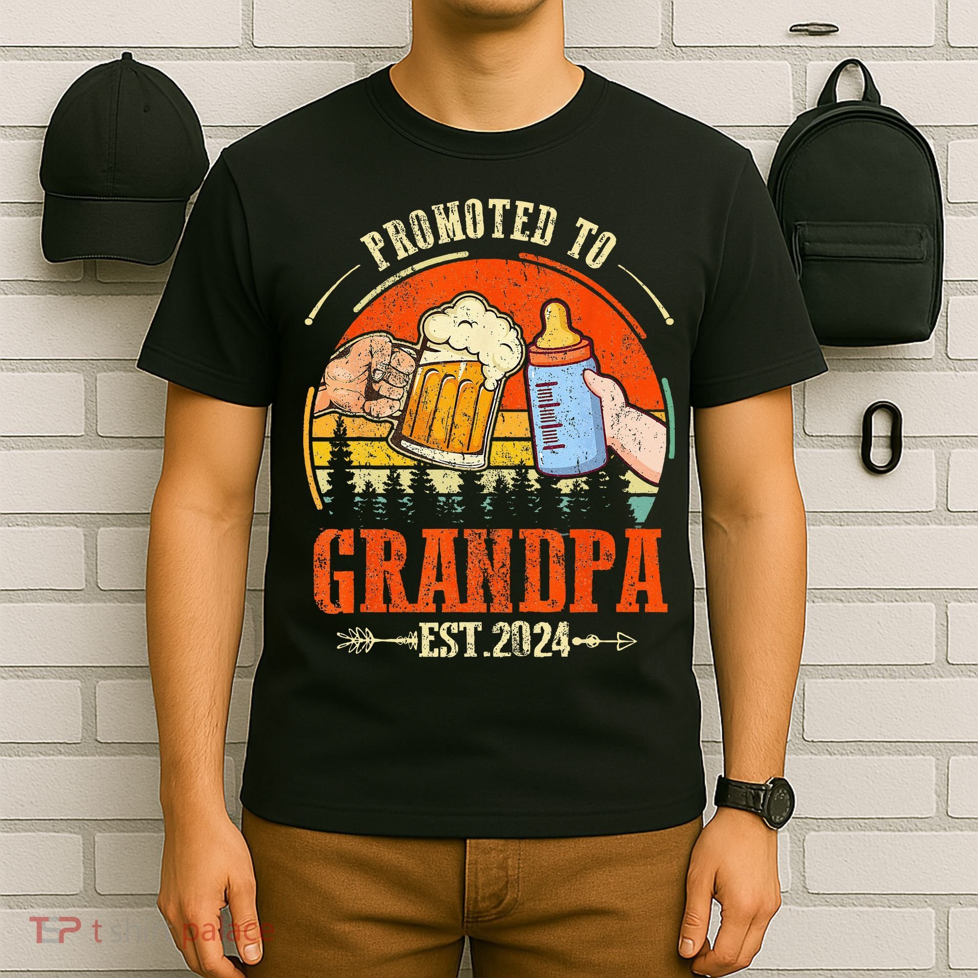 Promoted to Grandpa Est 2024 Retro Fathers Day New Grandpa T-Shirt
