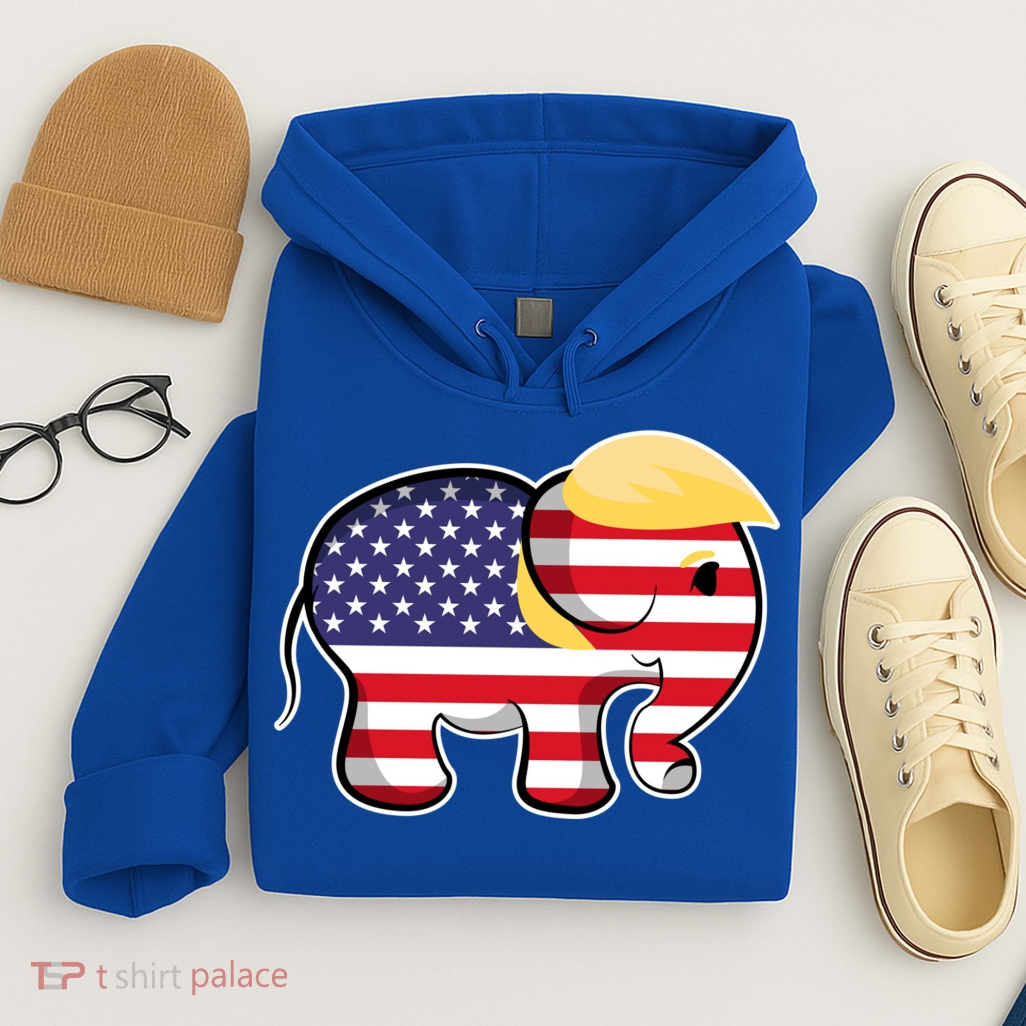Pro Trump Hair Elephant Red White Blue Flag Republican Gift Hoodie