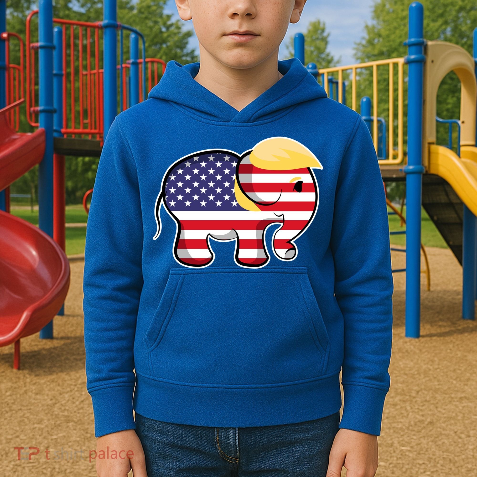 Pro Trump Hair Elephant Red White Blue Flag Republican Gift Kids Hoodie