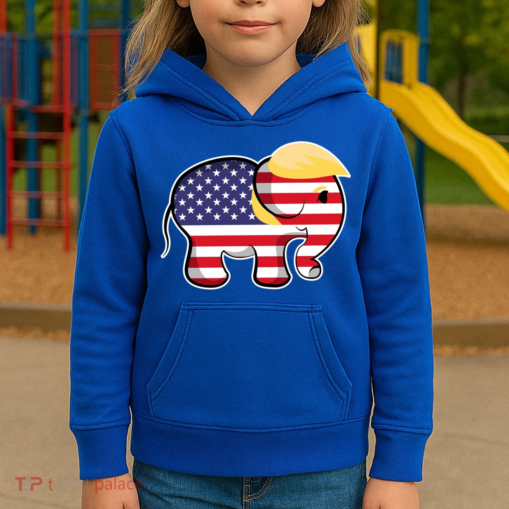 Pro Trump Hair Elephant Red White Blue Flag Republican Gift Kids Hoodie