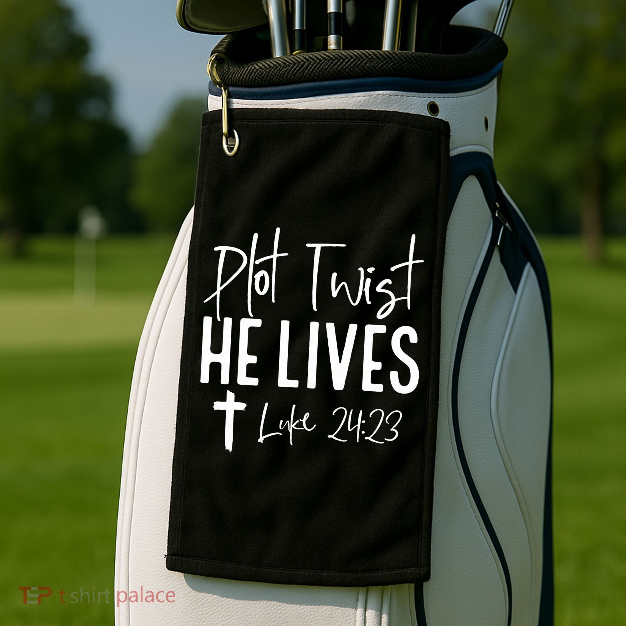 Plot Twist He Lives Cross Funny Christian Easter Day Gift Golf Towel
