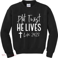 Plot Twist He Lives Cross Funny Christian Easter Day Gift Kids Sweatshirt thumb 0