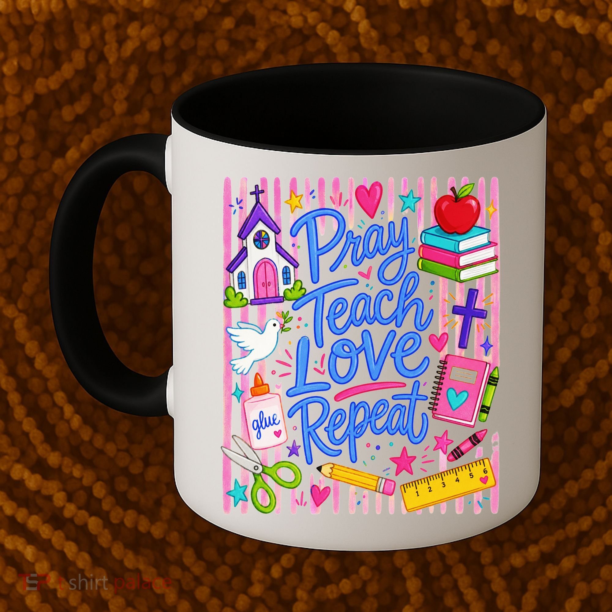 Pray Teach Love Repeat Christian Teacher Striped Coffee Mug