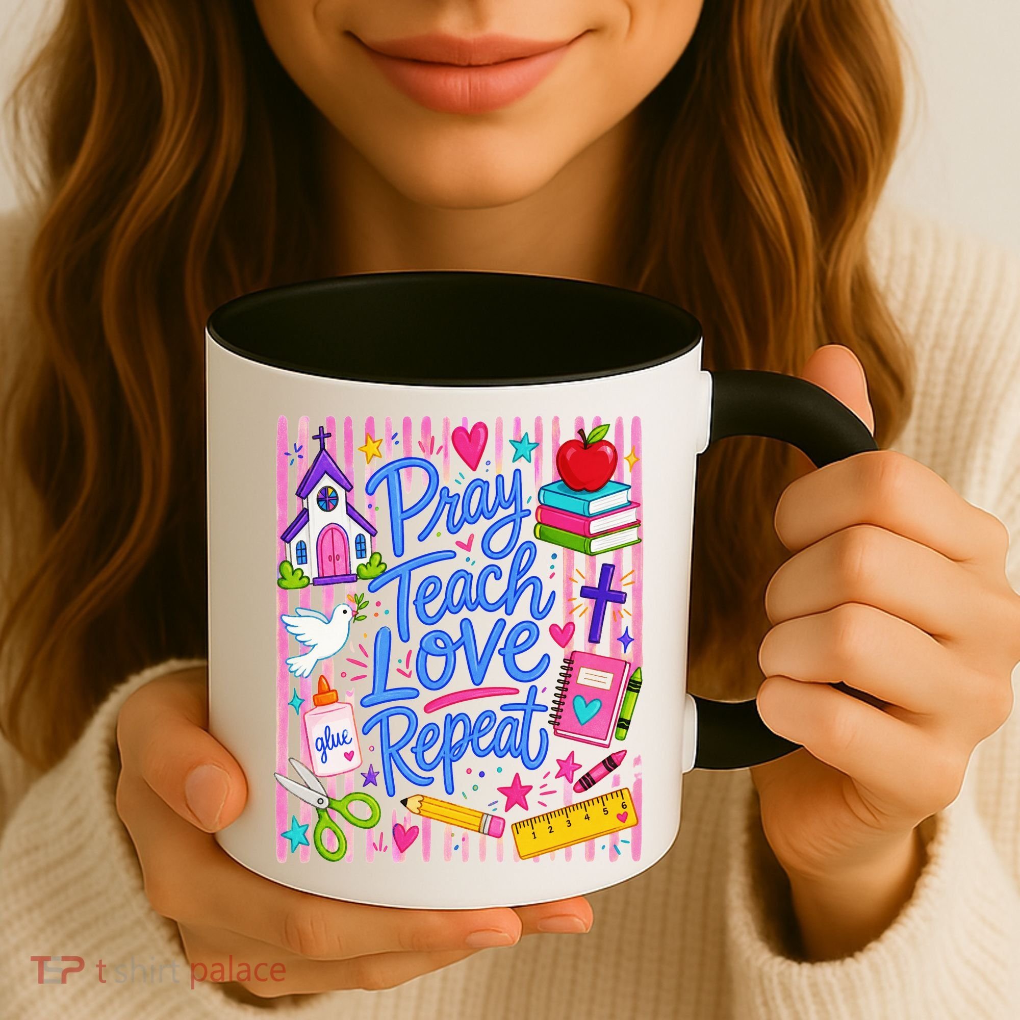 Pray Teach Love Repeat Christian Teacher Striped Coffee Mug