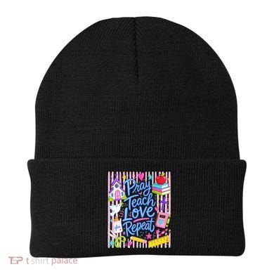 Pray Teach Love Repeat Christian Teacher Striped Beanie