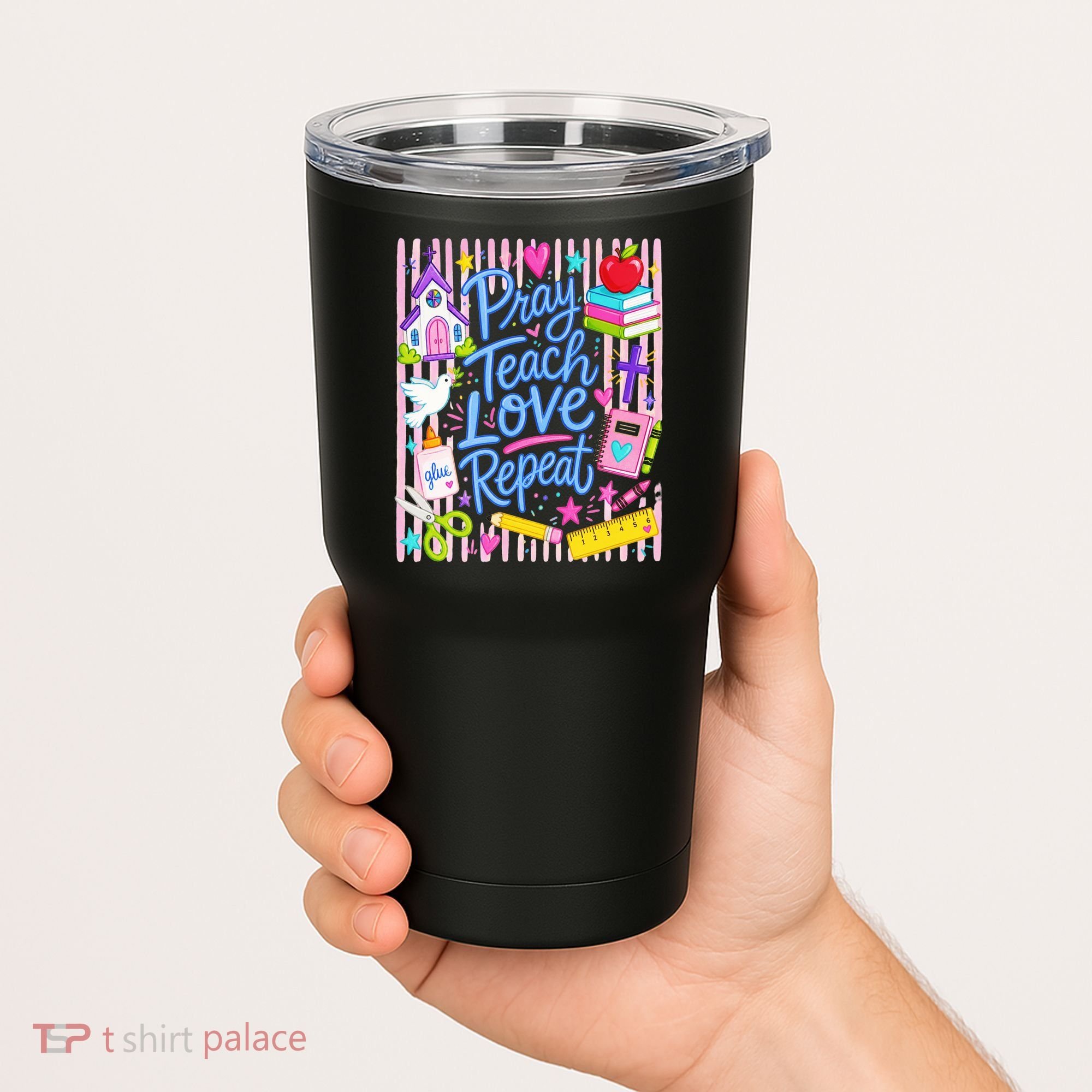 Pray Teach Love Repeat Christian Teacher Striped Tumbler
