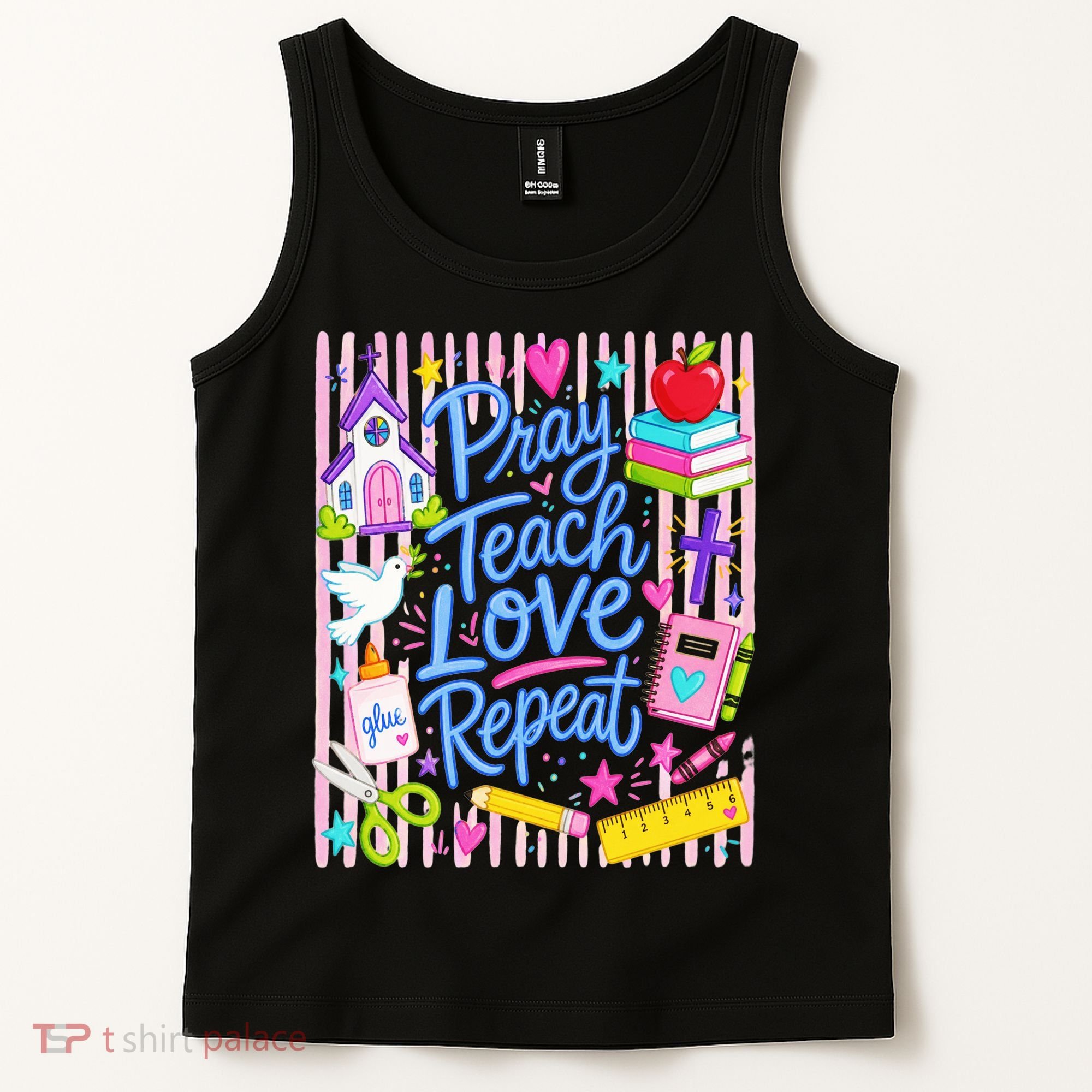 Pray Teach Love Repeat Christian Teacher Striped Tank Top