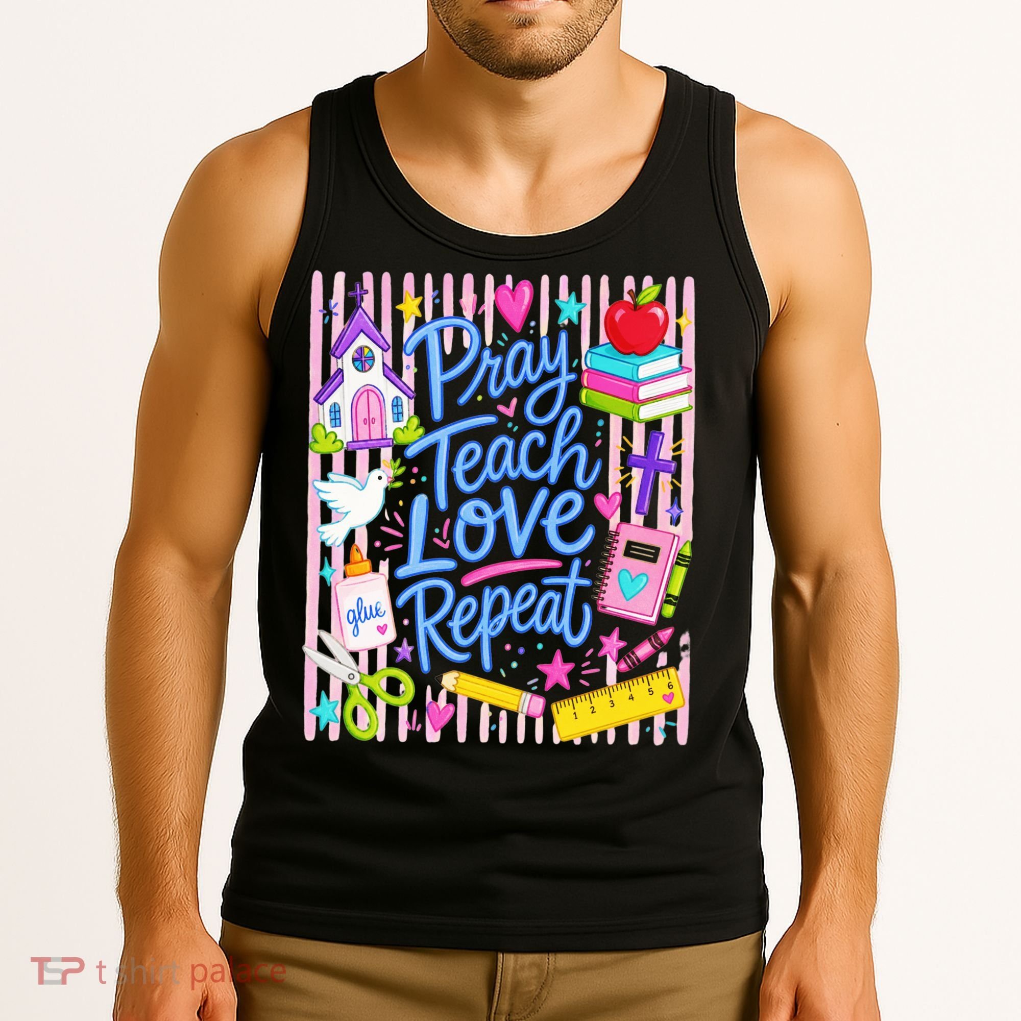 Pray Teach Love Repeat Christian Teacher Striped Tank Top