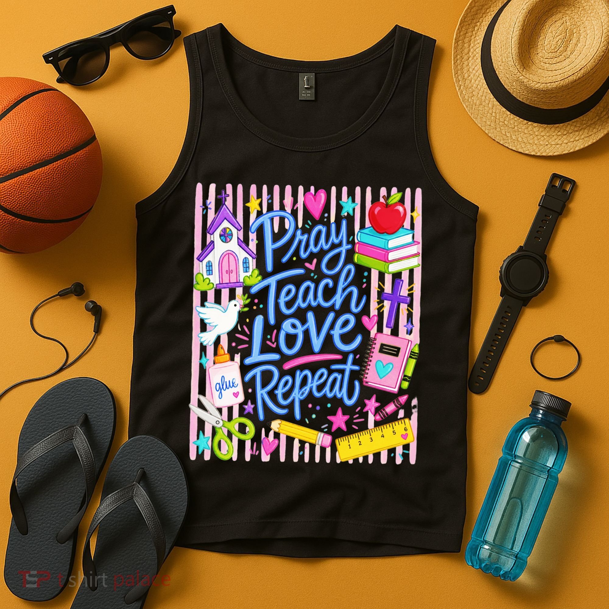 Pray Teach Love Repeat Christian Teacher Striped Tank Top