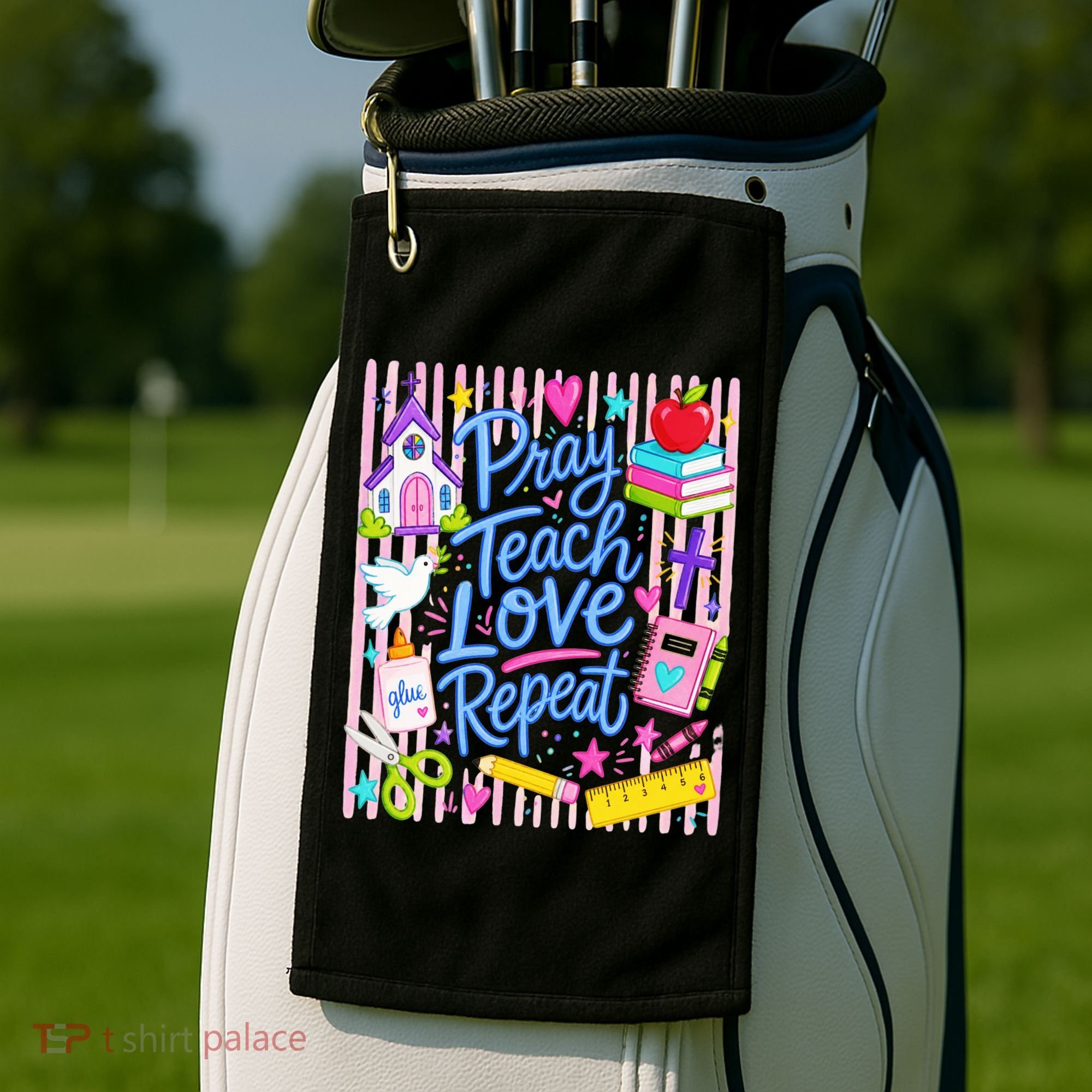 Pray Teach Love Repeat Christian Teacher Striped Golf Towel