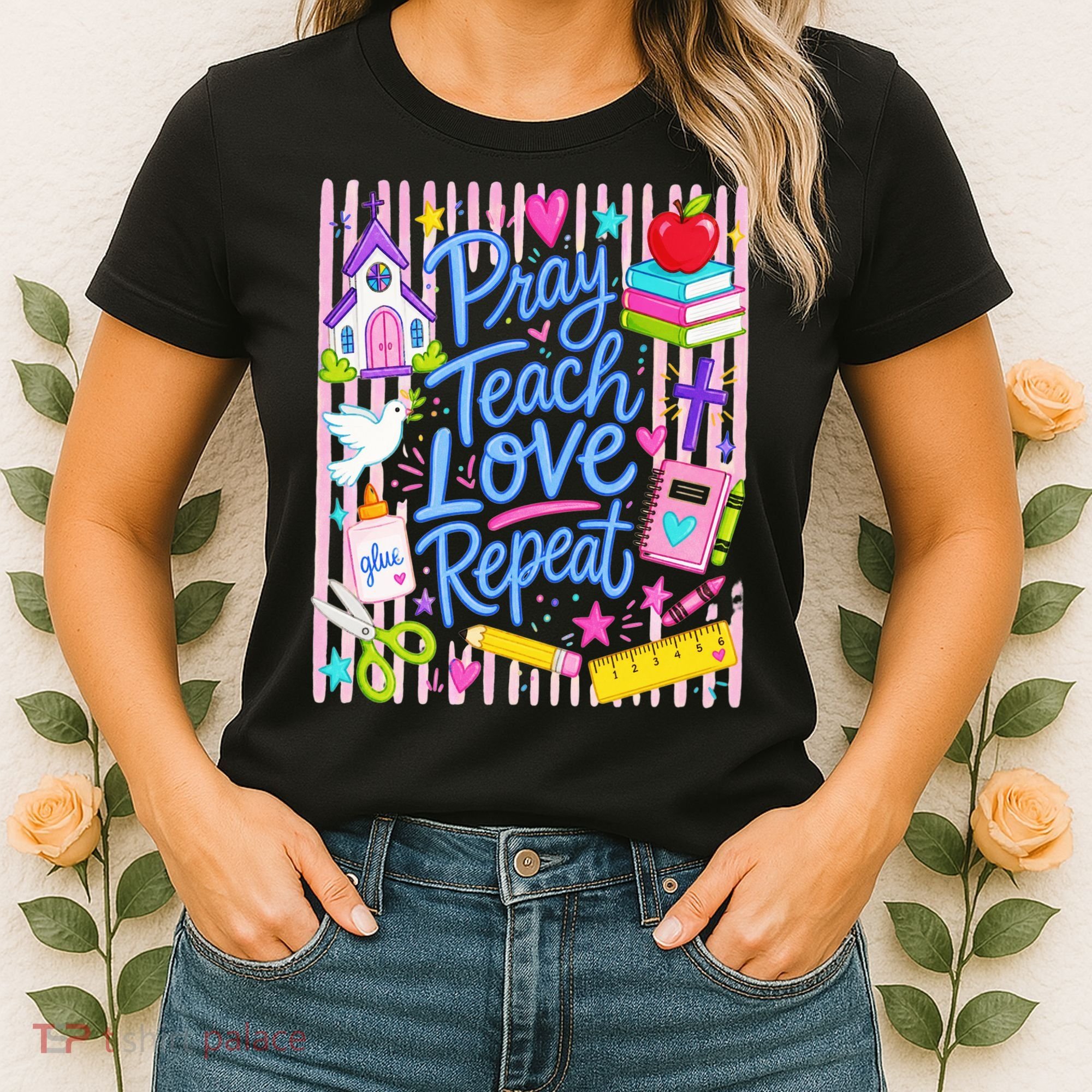 Pray Teach Love Repeat Christian Teacher Striped Women's T-Shirt