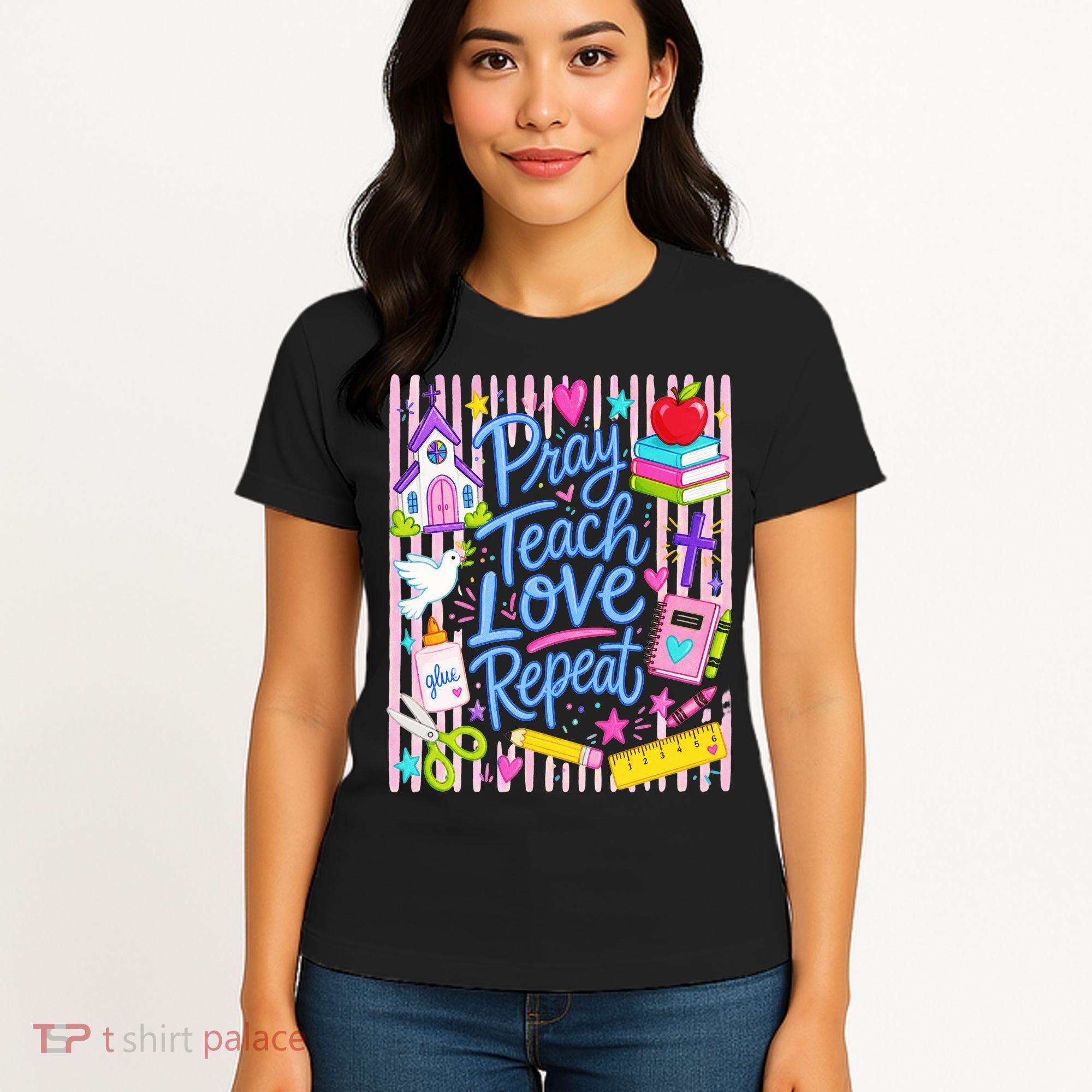 Pray Teach Love Repeat Christian Teacher Striped Women's T-Shirt