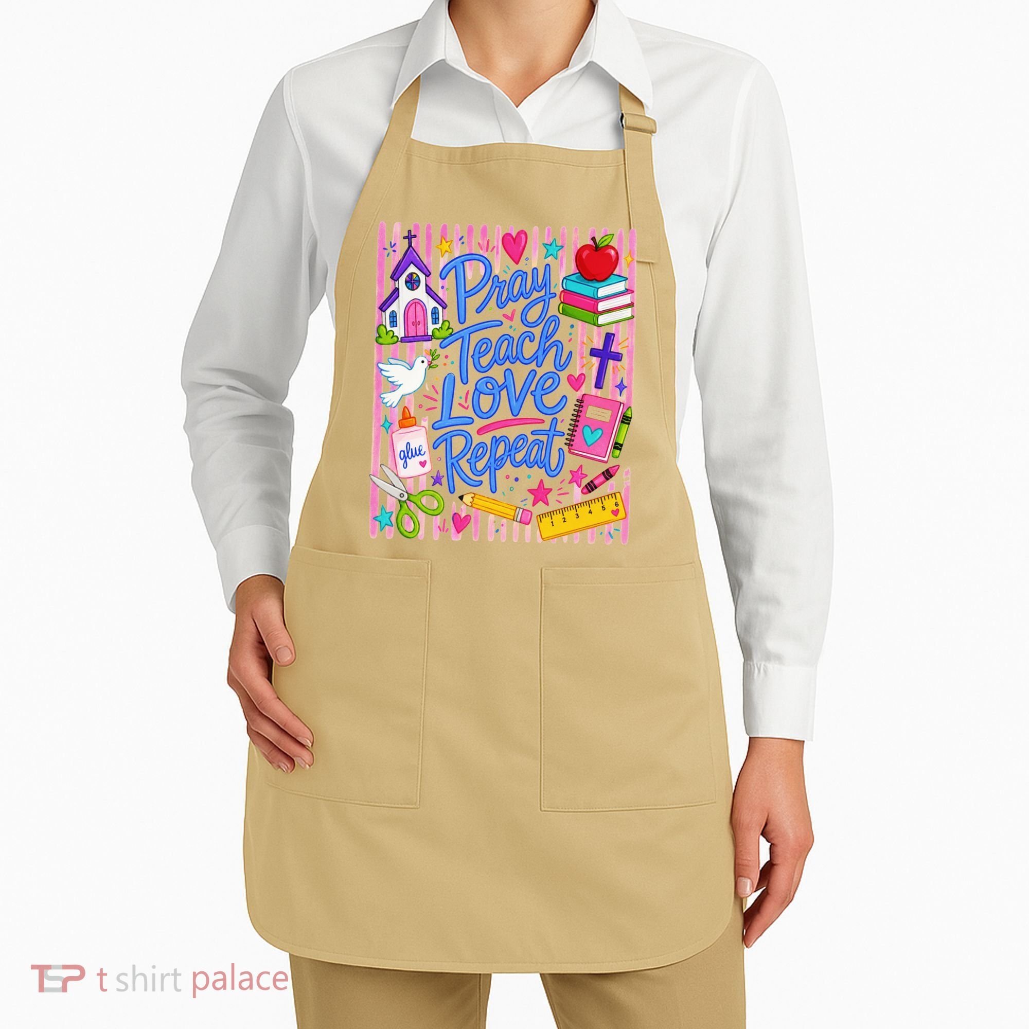 Pray Teach Love Repeat Christian Teacher Striped Apron