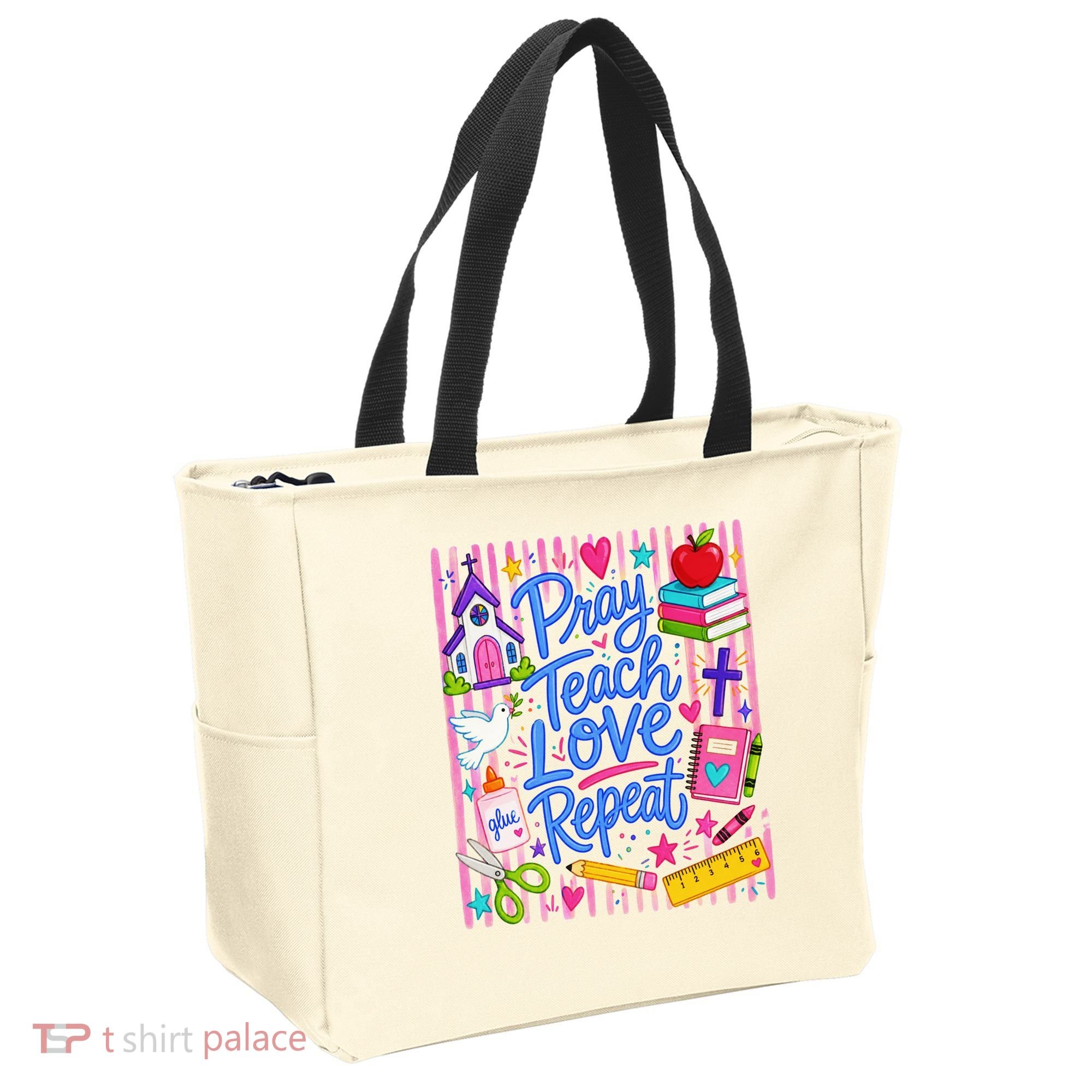 Pray Teach Love Repeat Christian Teacher Striped Tote Bag
