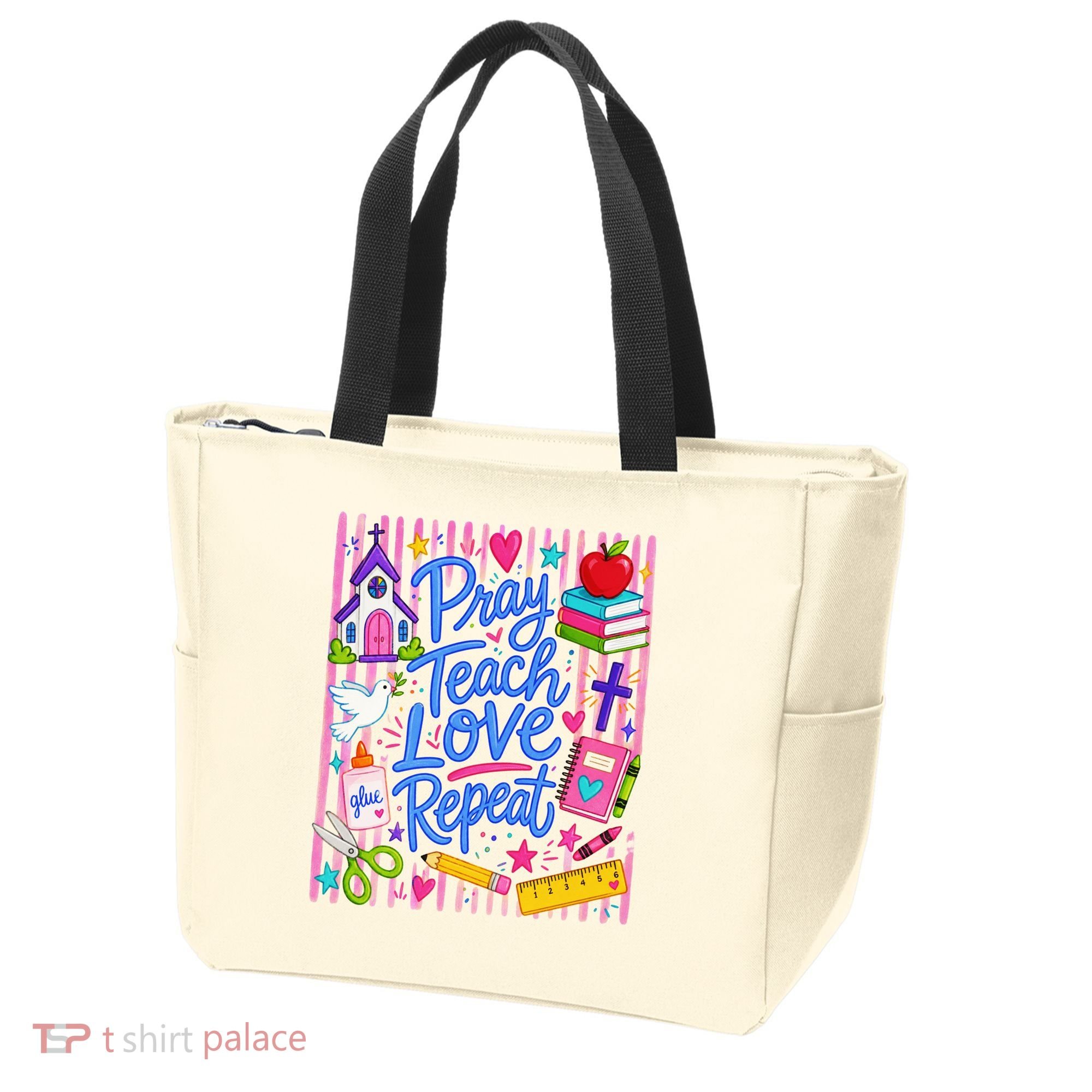 Pray Teach Love Repeat Christian Teacher Striped Tote Bag