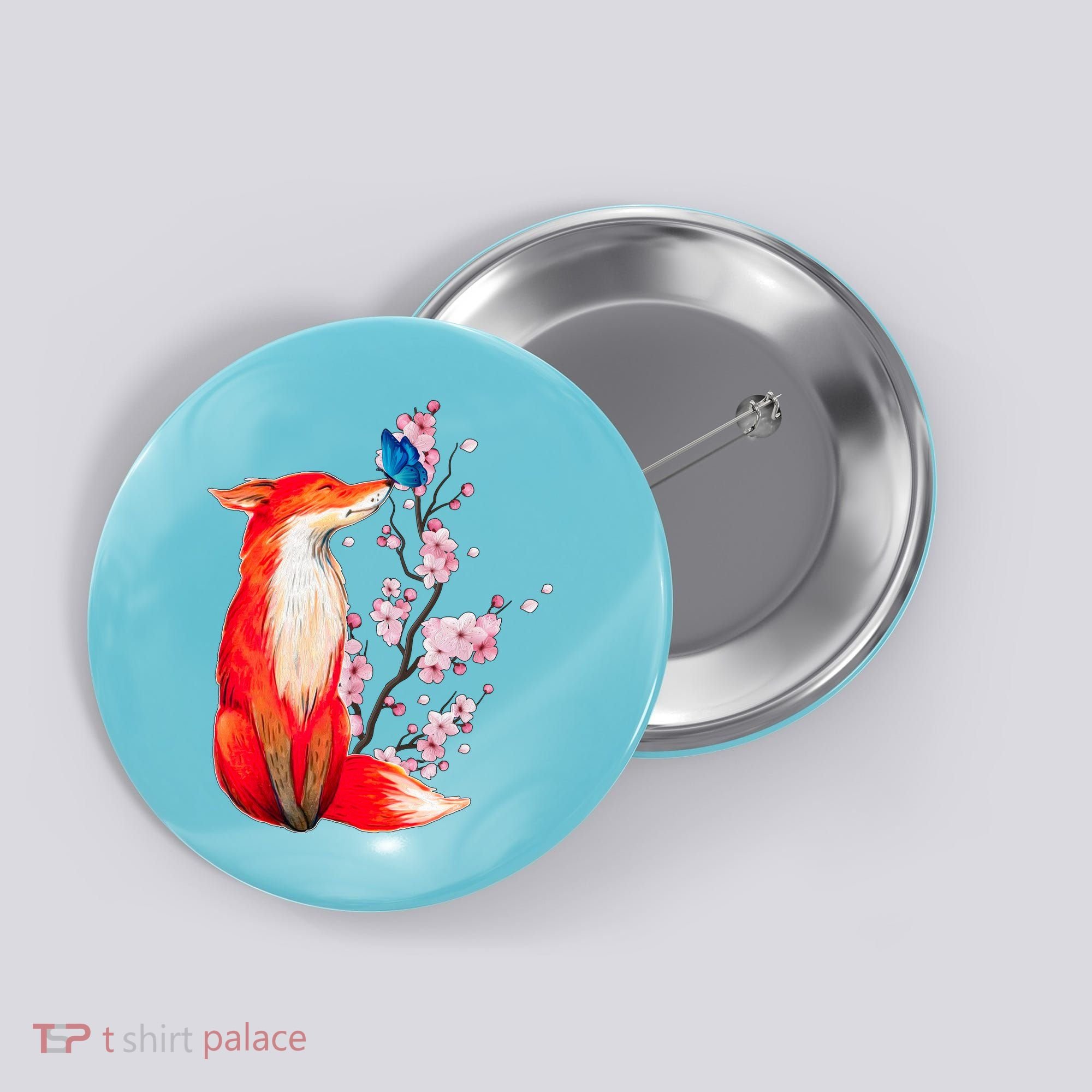 Pleased To Meet You, Japanese Fox With Cherry Blossoms Button