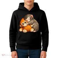 Punch The Monkey Cuddling Stuffed Animal Kids Hoodie thumb 4