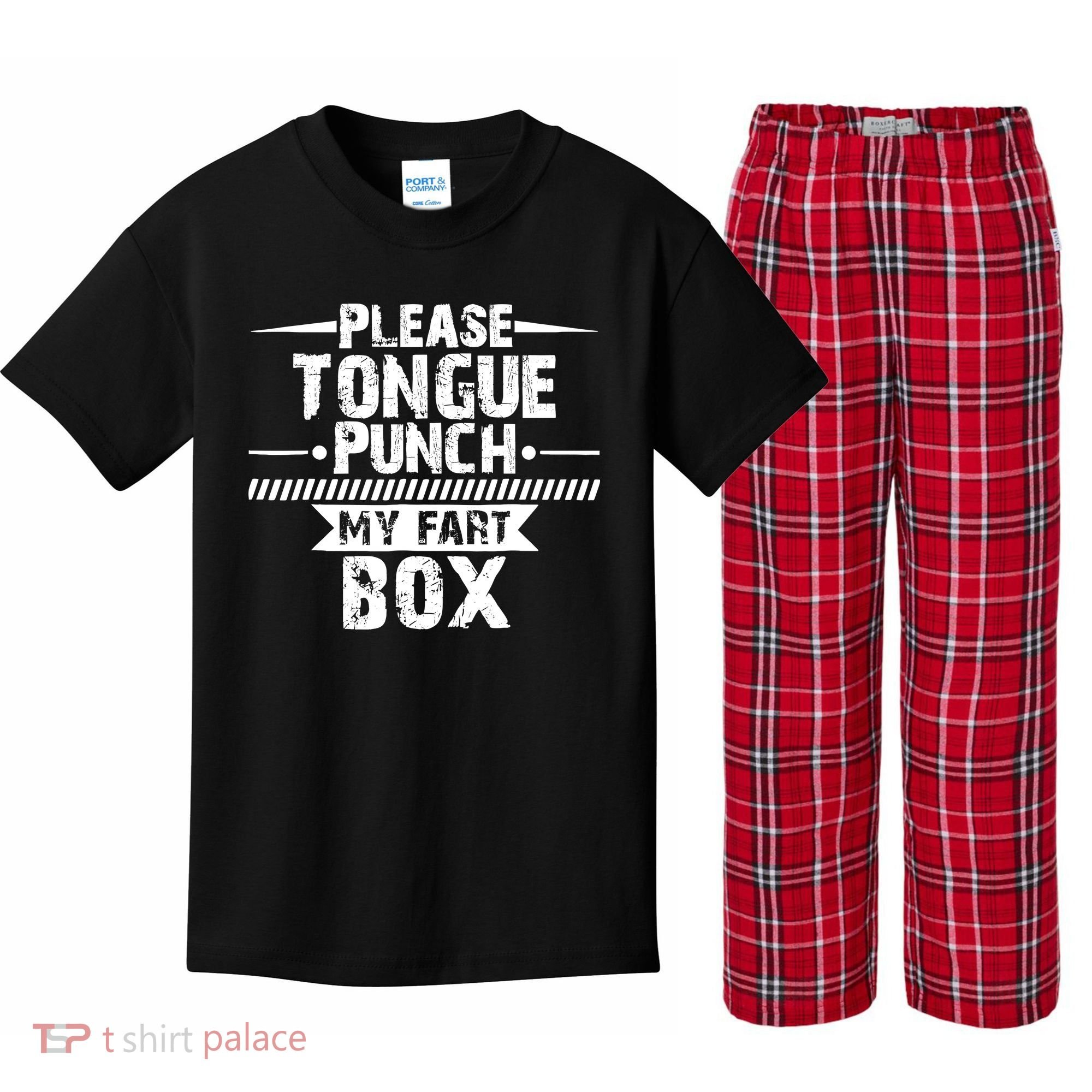 Please Tongue Punch My Fart Box Funny Word Pun Humor Sarcasm Kids Plaid Pajama Set