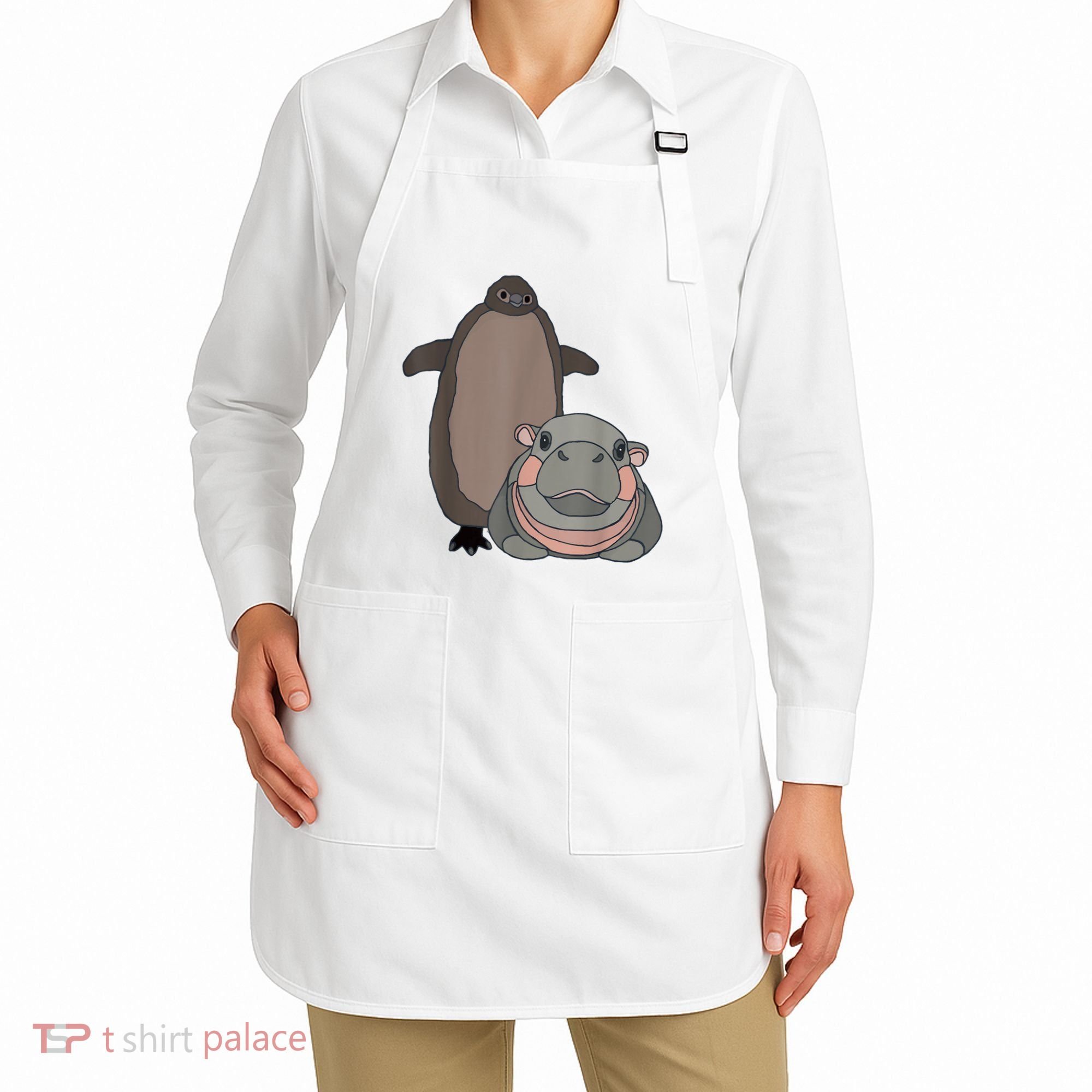 Pesto The Penguin And Moo Deng The Baby Hippo Funny Apron