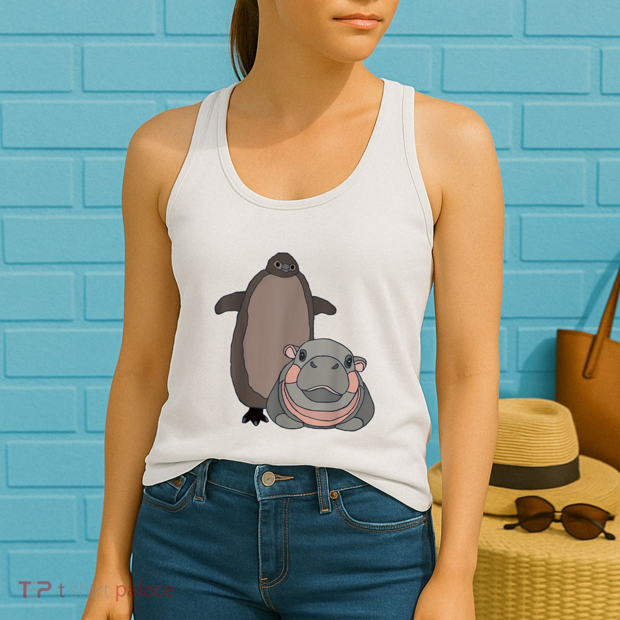 Pesto The Penguin And Moo Deng The Baby Hippo Funny Women's Tank Top