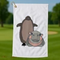 Pesto The Penguin And Moo Deng The Baby Hippo Funny Golf Towel thumb 1