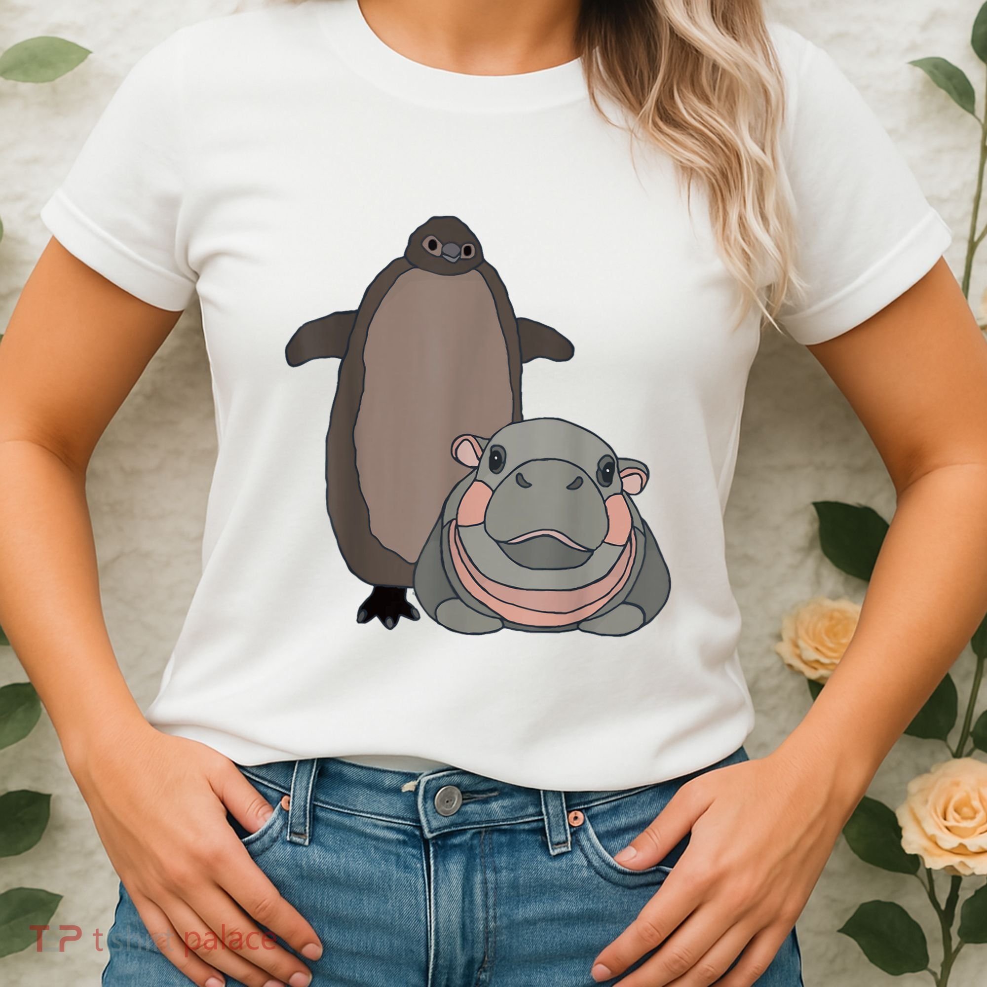 Pesto The Penguin And Moo Deng The Baby Hippo Funny Women's T-Shirt