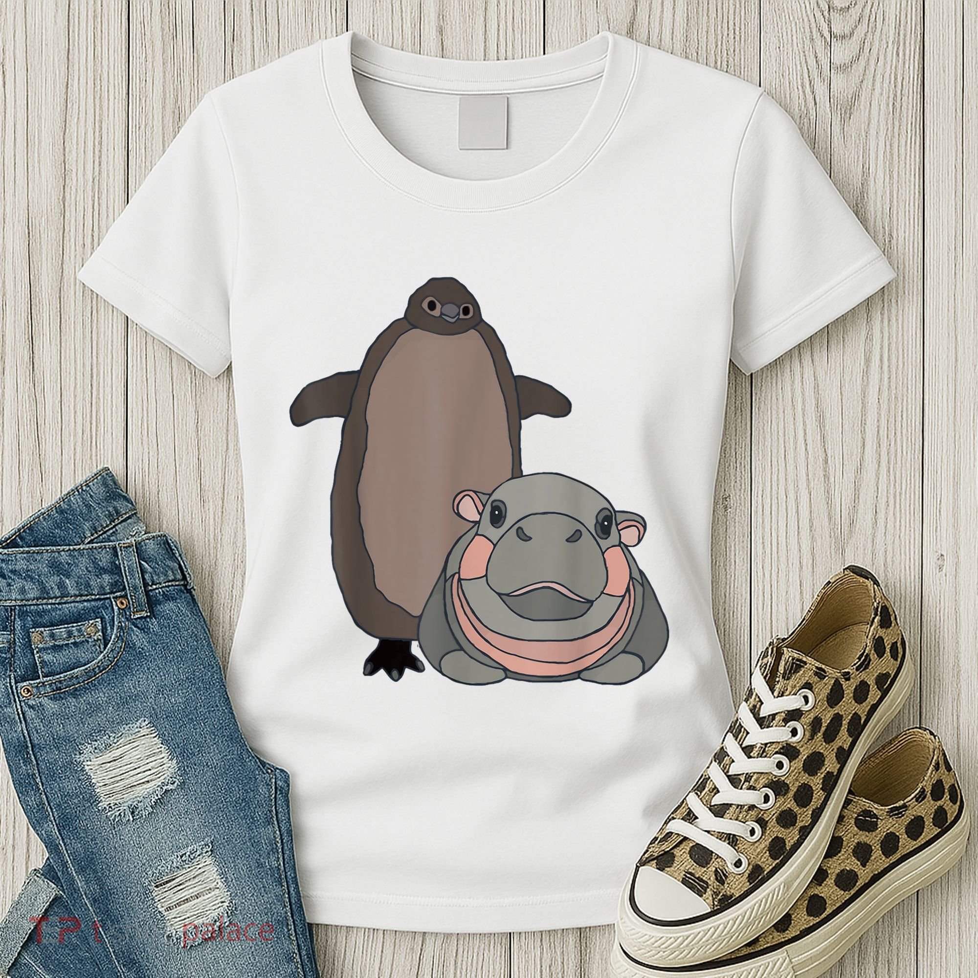 Pesto The Penguin And Moo Deng The Baby Hippo Funny Women's T-Shirt