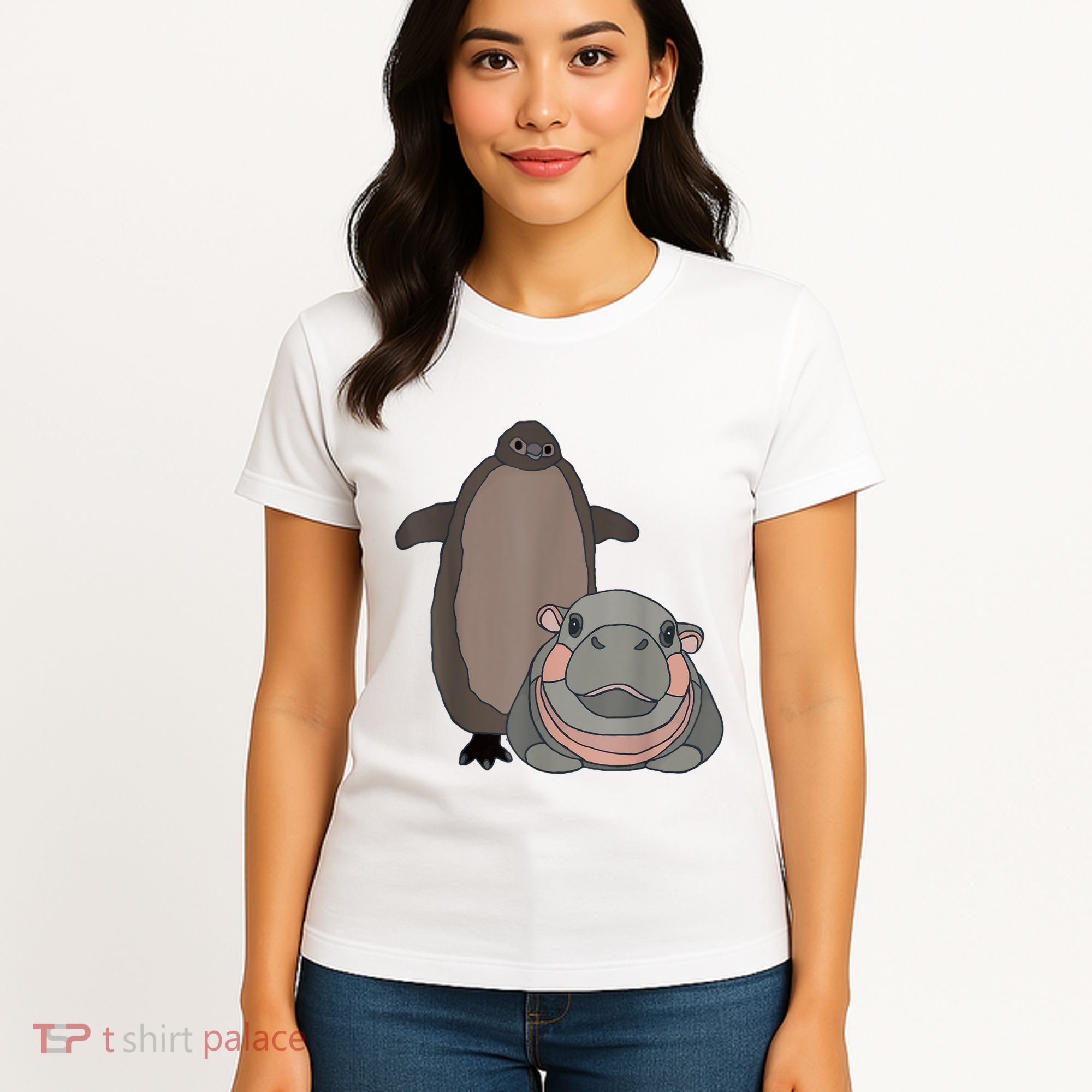 Pesto The Penguin And Moo Deng The Baby Hippo Funny Women's T-Shirt