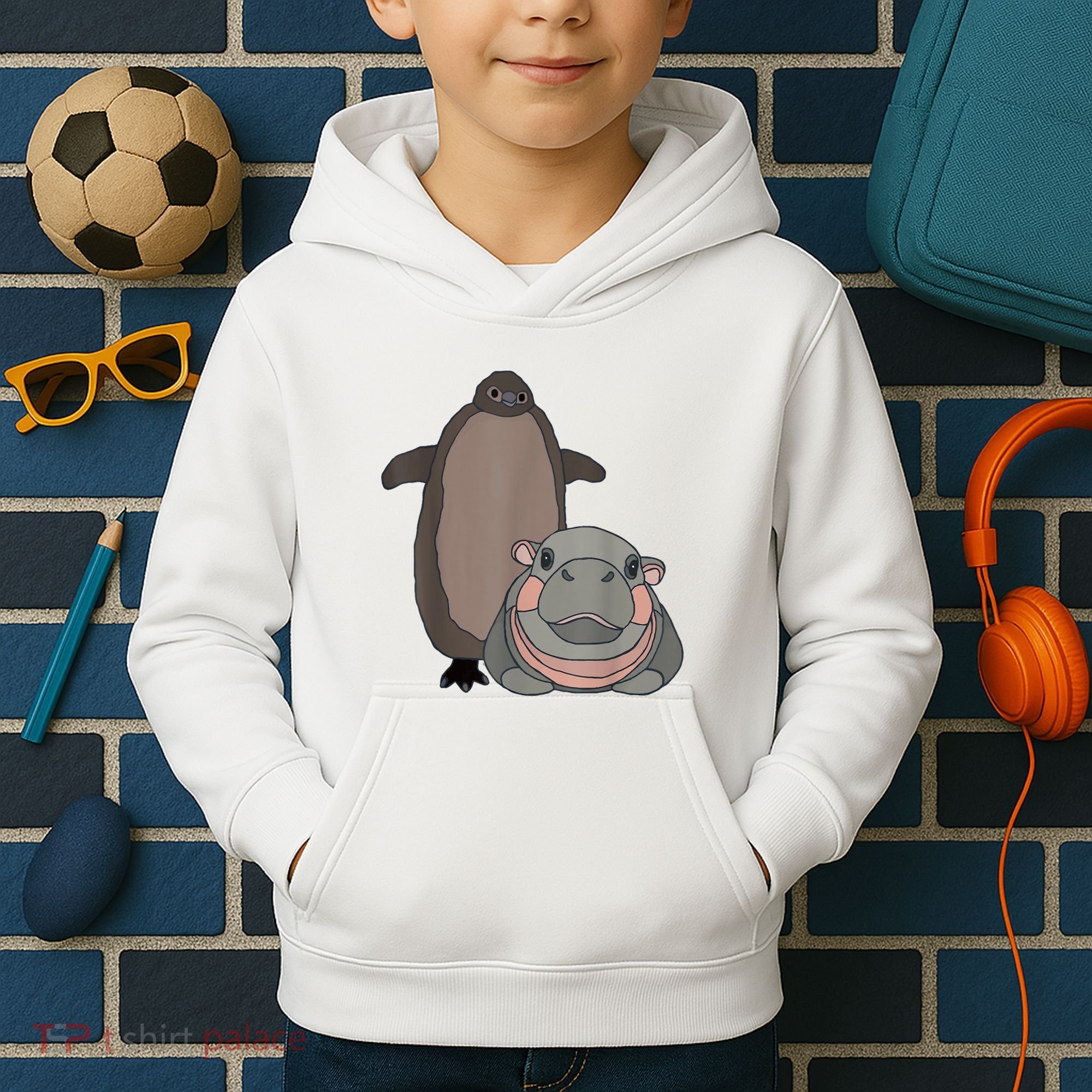 Pesto The Penguin And Moo Deng The Baby Hippo Funny Kids Hoodie