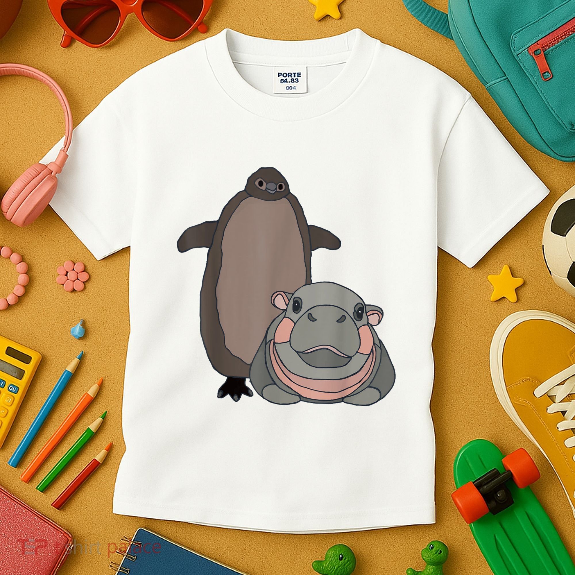 Pesto The Penguin And Moo Deng The Baby Hippo Funny Kids T-Shirt