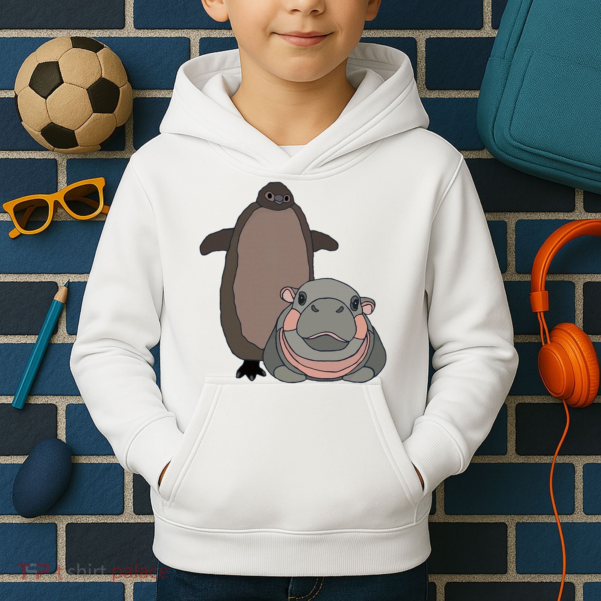 Pesto The Penguin And Moo Deng The Baby Hippo Kids Hoodie