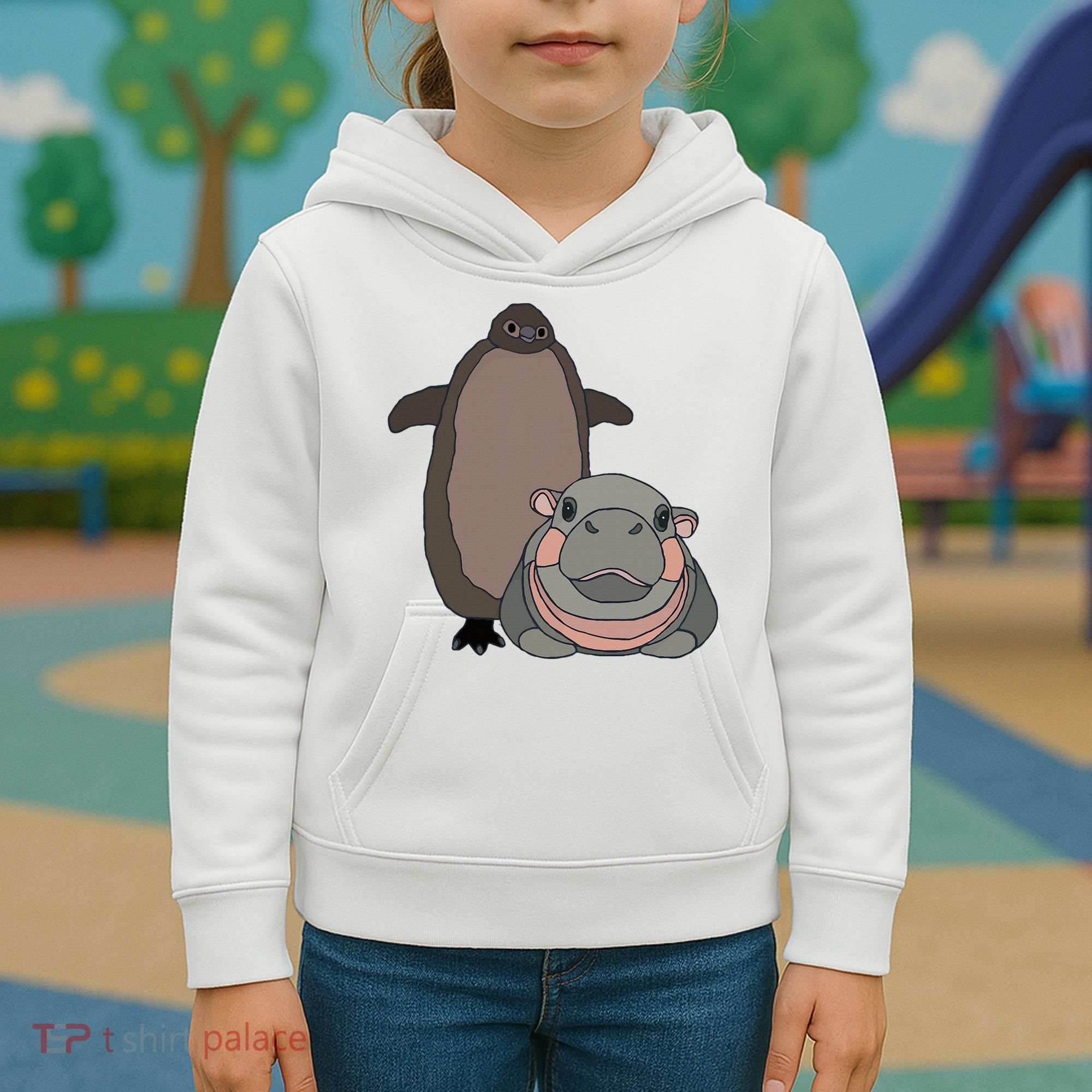 Pesto The Penguin And Moo Deng The Baby Hippo Kids Hoodie