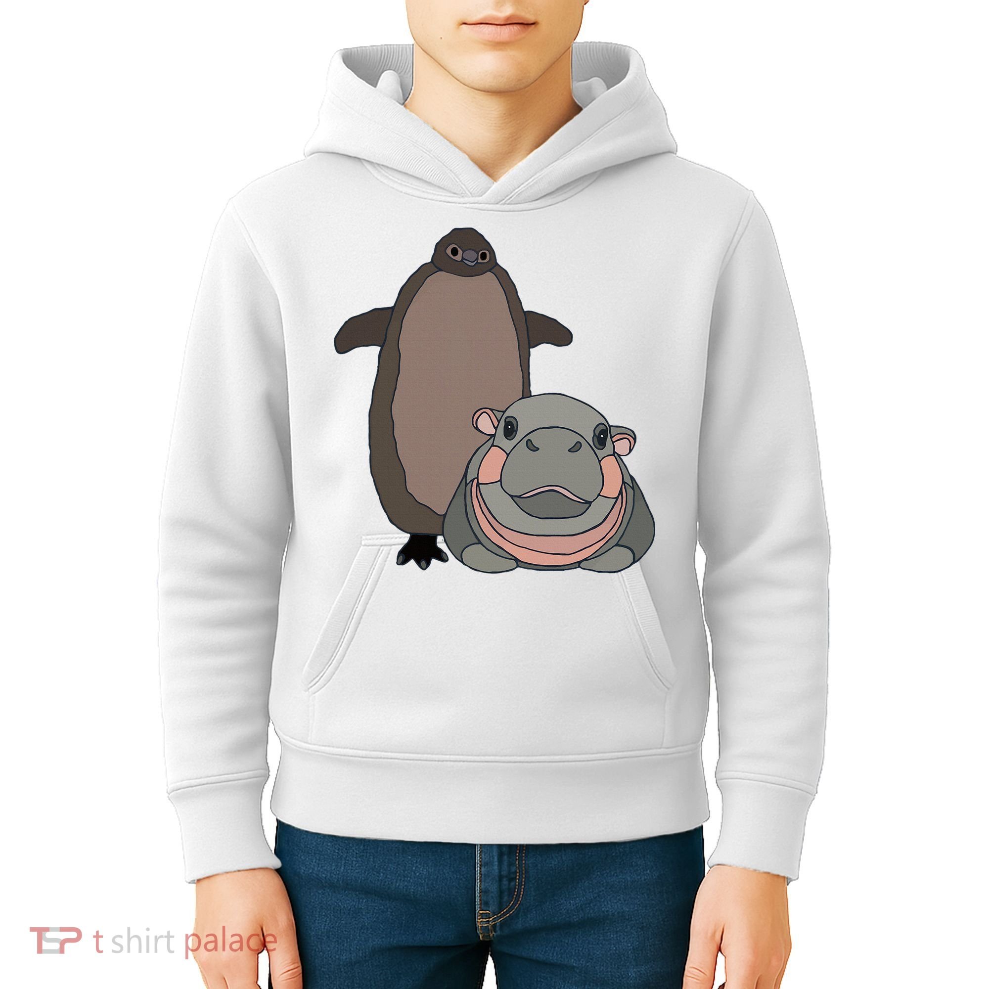 Pesto The Penguin And Moo Deng The Baby Hippo Kids Hoodie