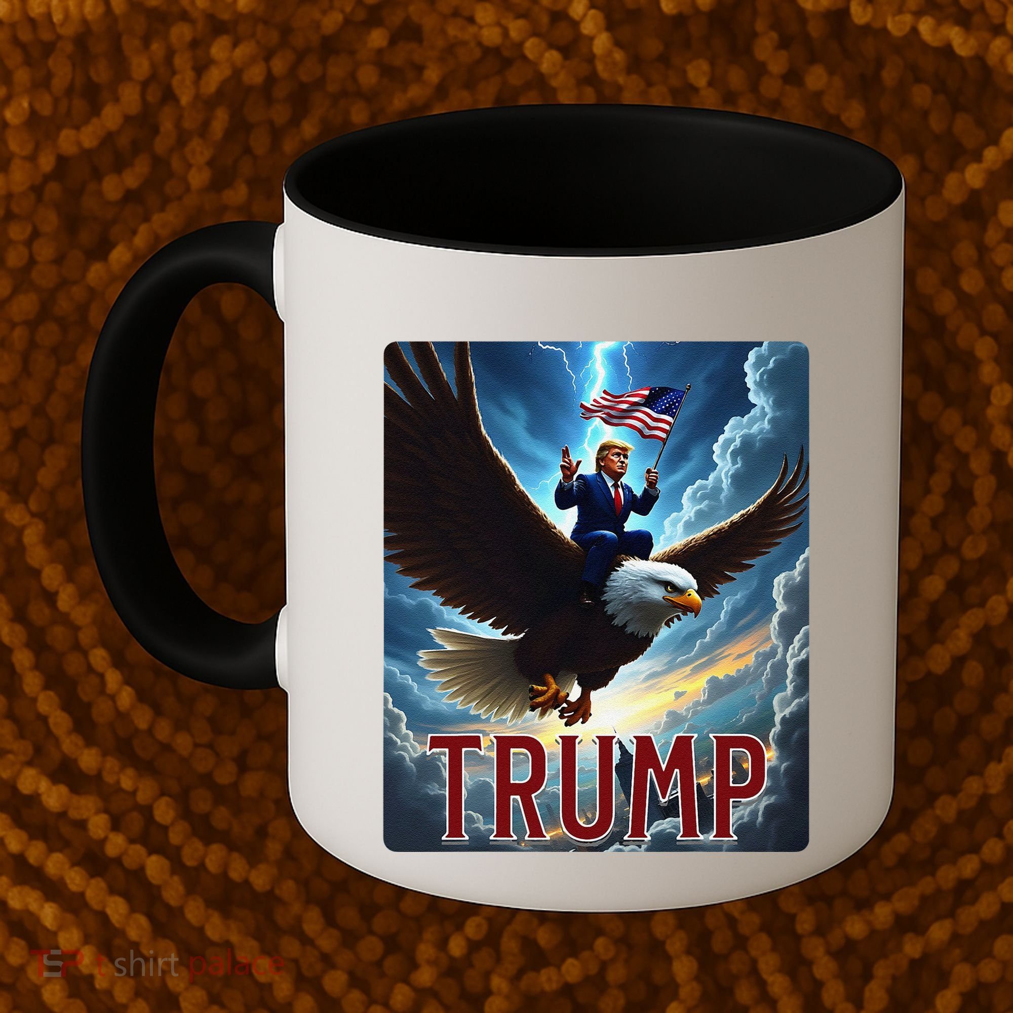President Trump Riding An Eagle. Patriotic Political Coffee Mug