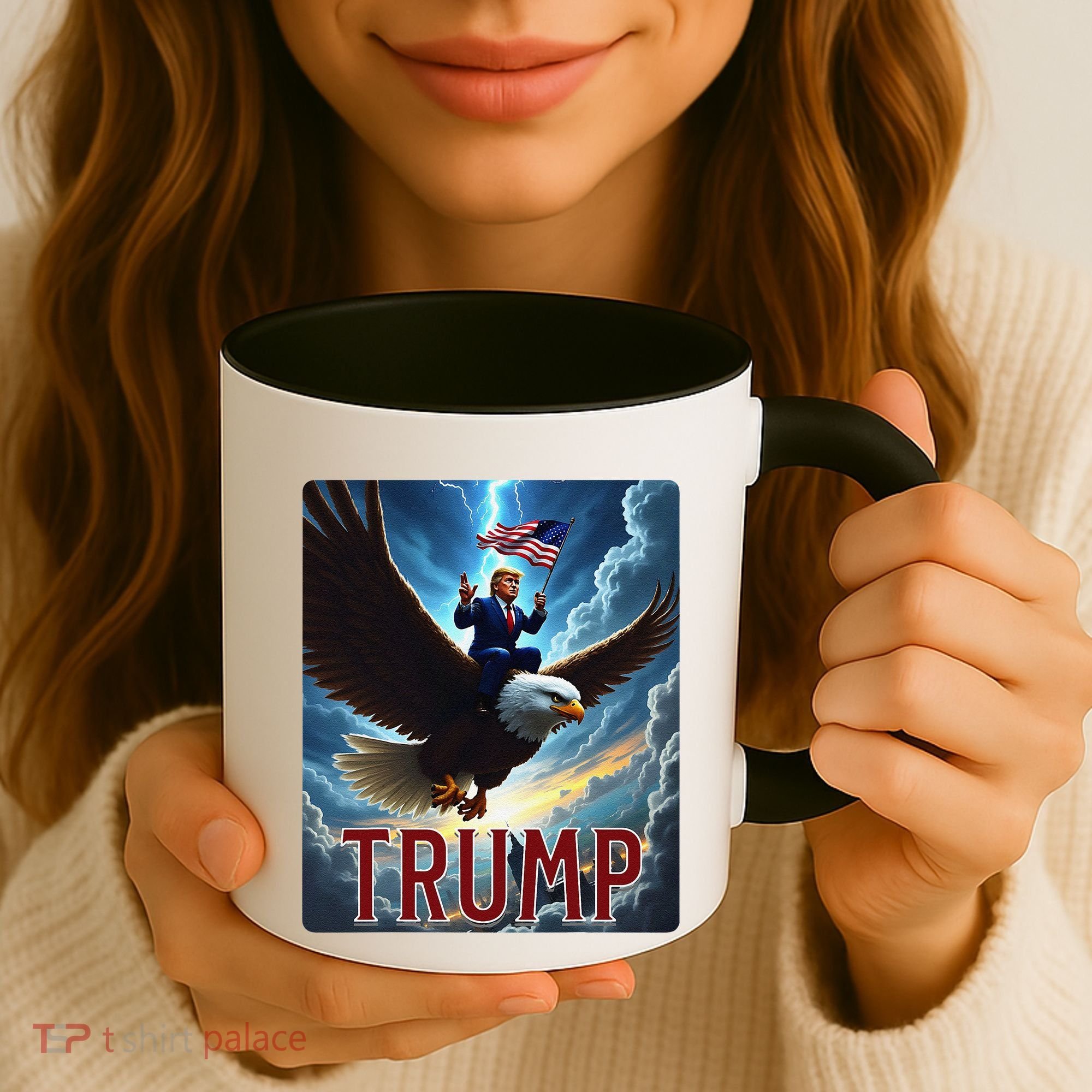 President Trump Riding An Eagle. Patriotic Political Coffee Mug