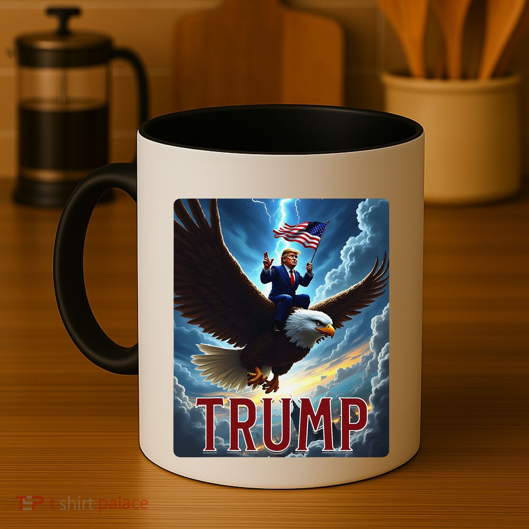 President Trump Riding An Eagle. Patriotic Political Coffee Mug