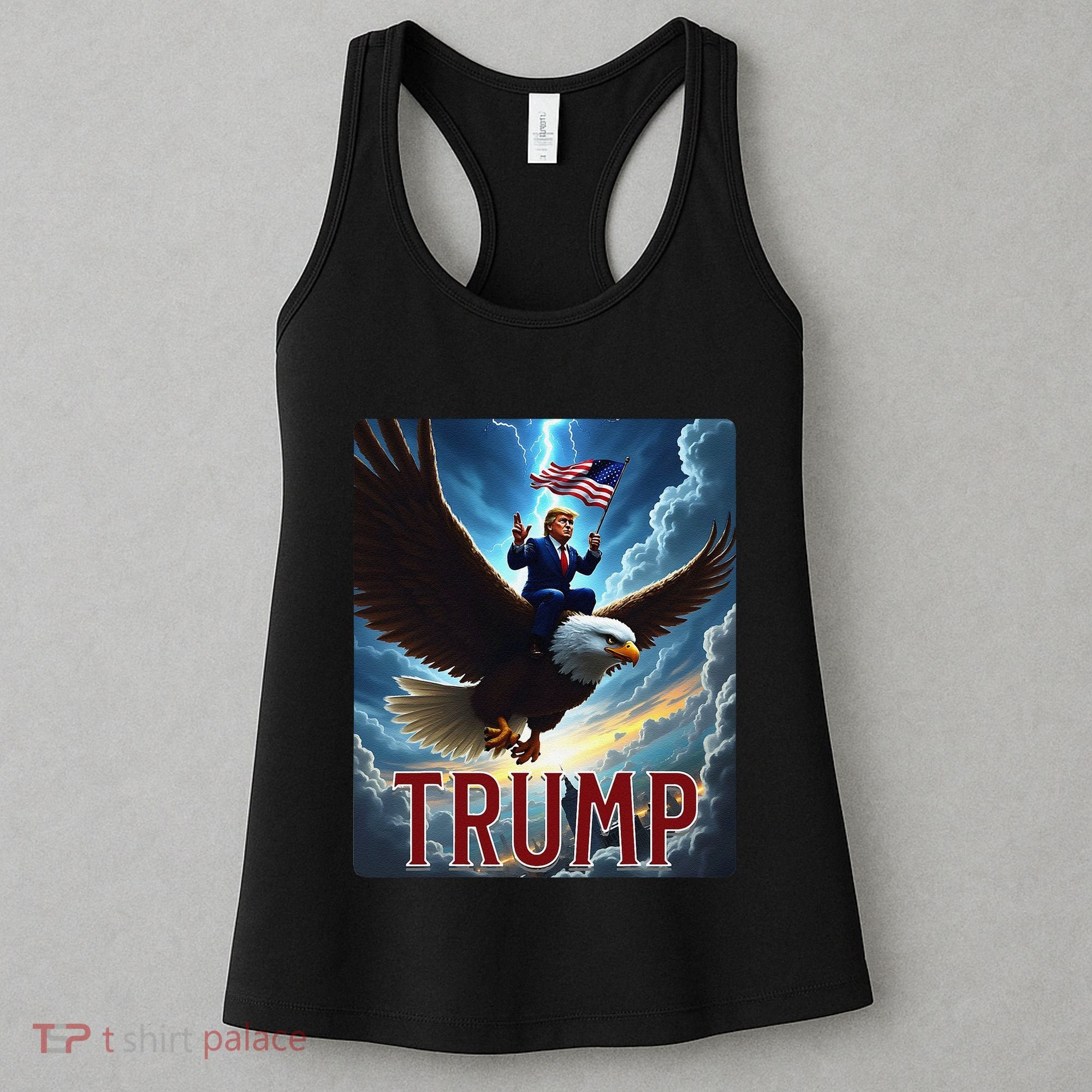 President Trump Riding An Eagle. Patriotic Political Women's Tank Top