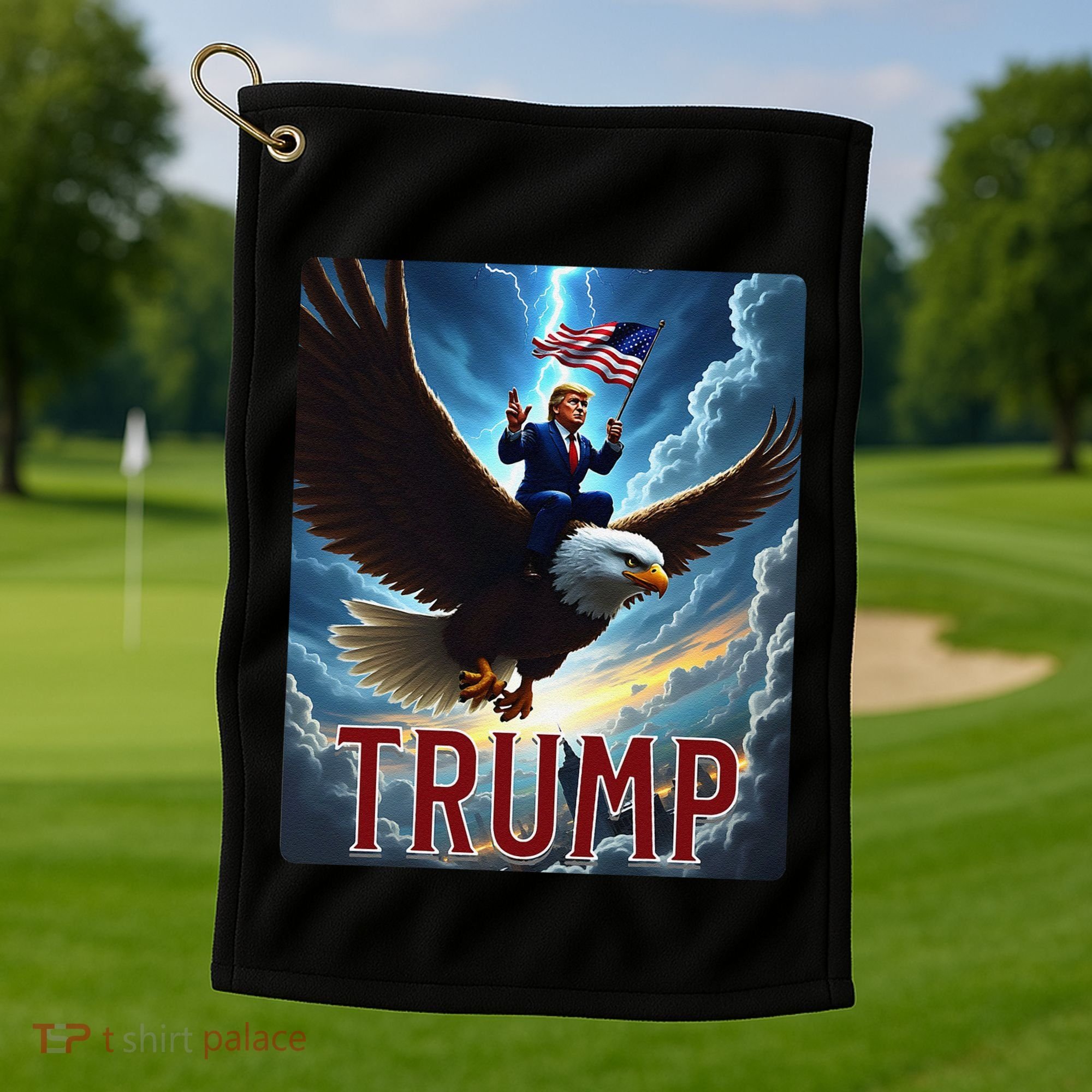 President Trump Riding An Eagle. Patriotic Political Golf Towel