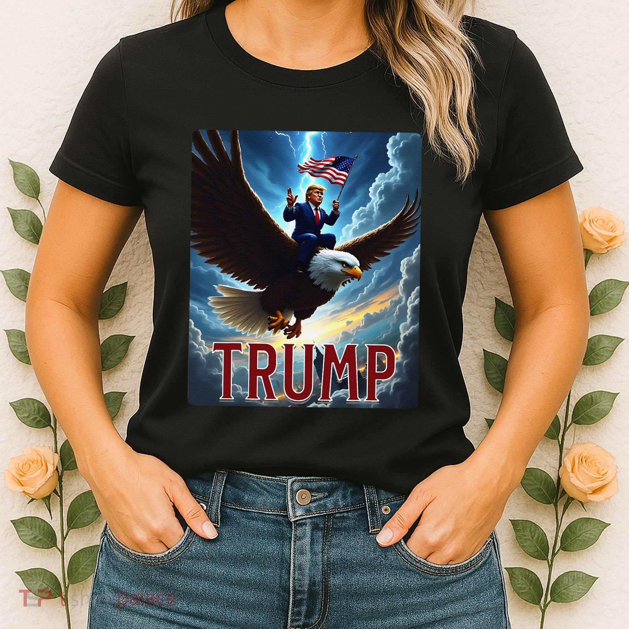 President Trump Riding An Eagle. Patriotic Political Women's T-Shirt