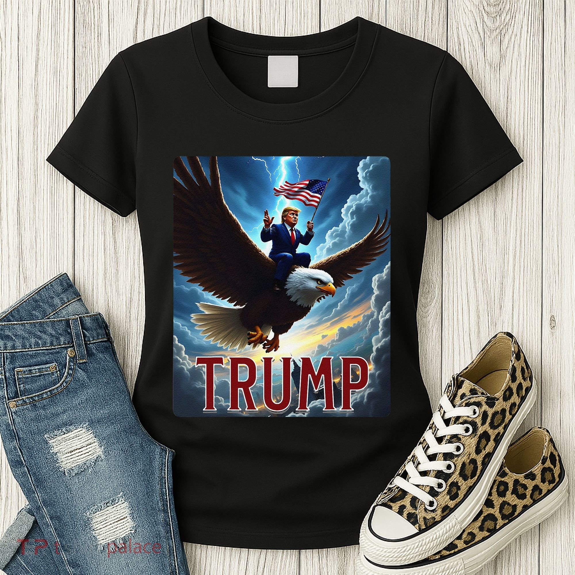 President Trump Riding An Eagle. Patriotic Political Women's T-Shirt