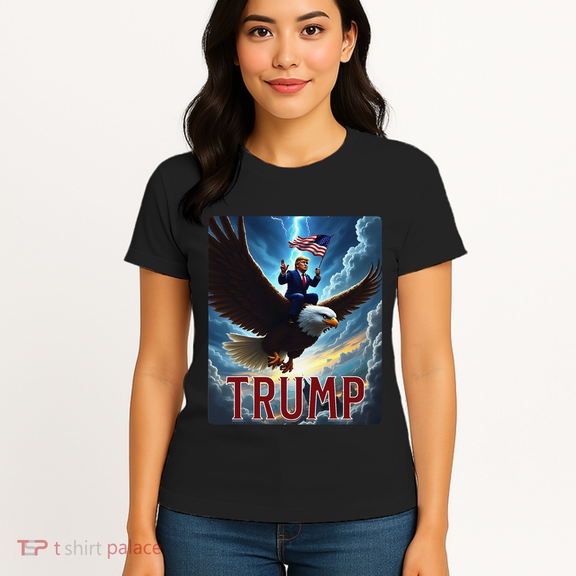 President Trump Riding An Eagle. Patriotic Political Women's T-Shirt