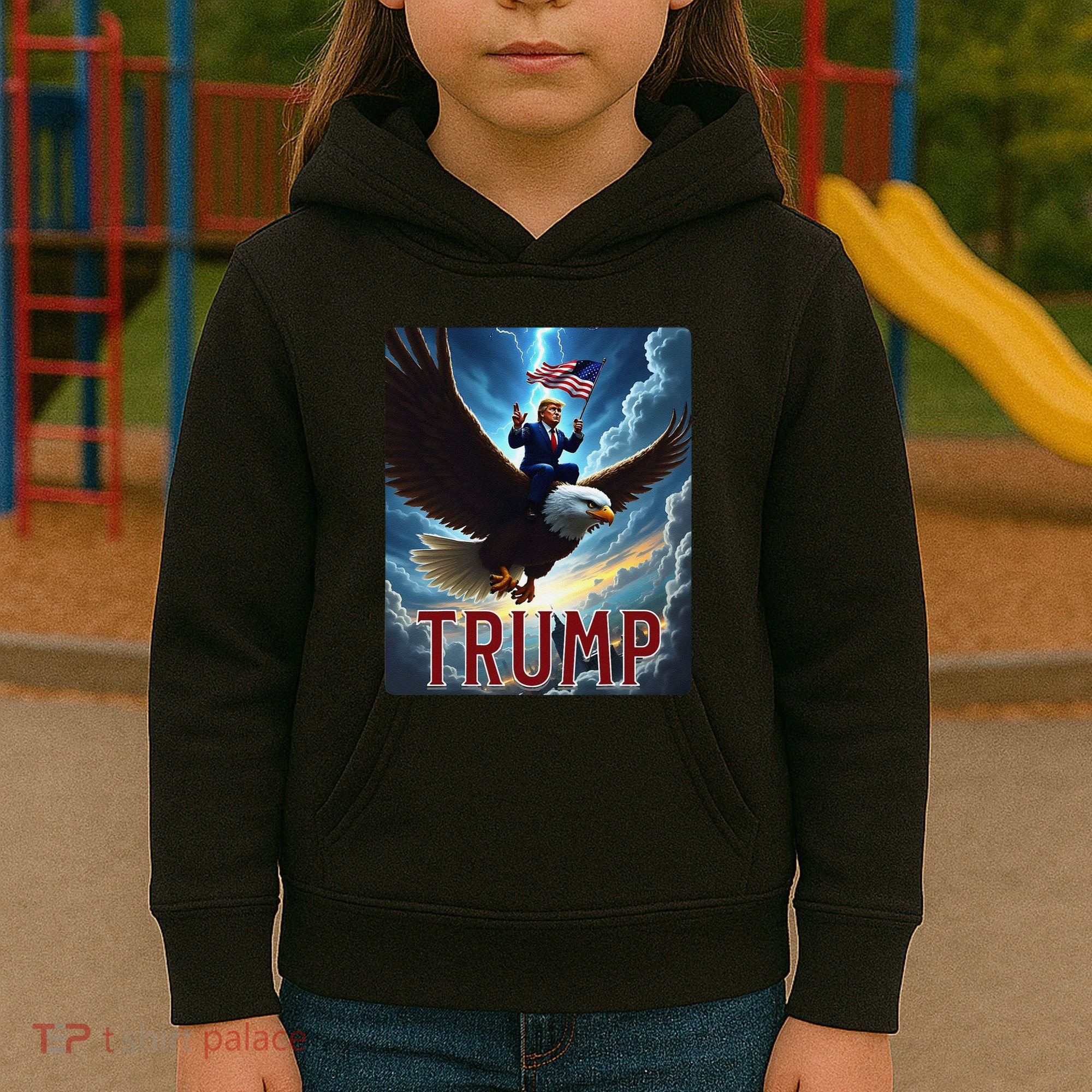 President Trump Riding An Eagle. Patriotic Political Kids Hoodie