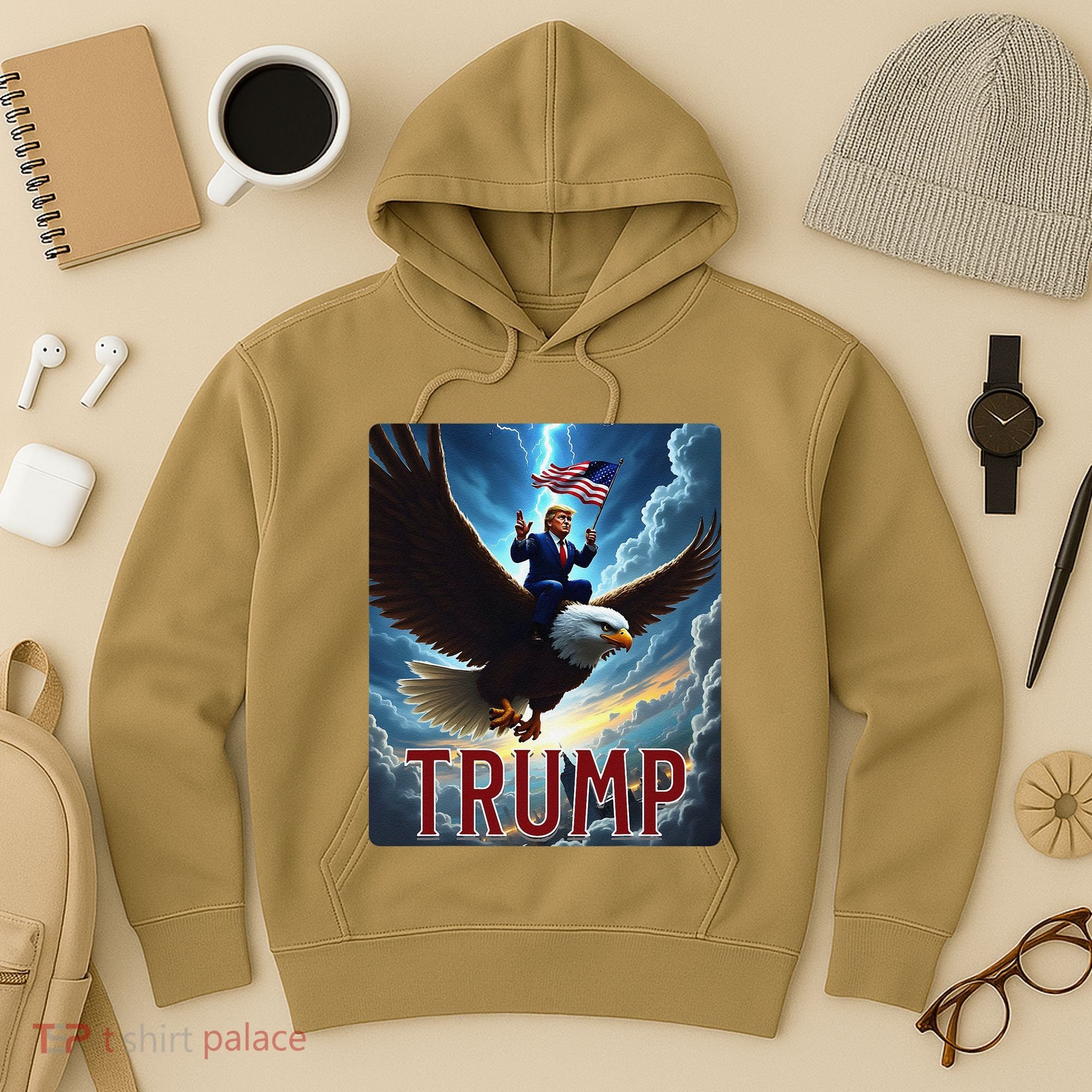 President Trump Riding An Eagle. Patriotic Political Hoodie