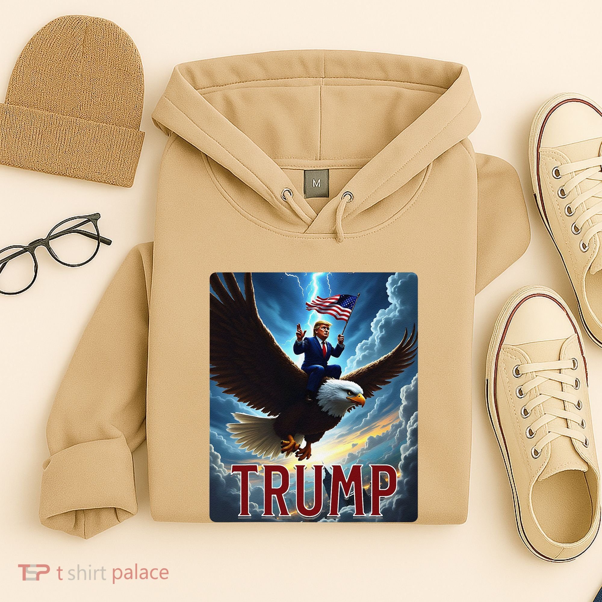 President Trump Riding An Eagle. Patriotic Political Hoodie
