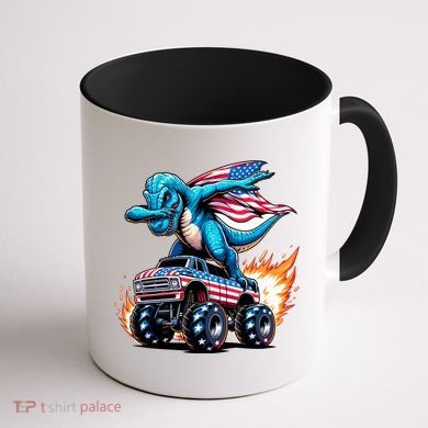 Patriotic T Rex Dabbing Monster Truck Coffee Mug back
